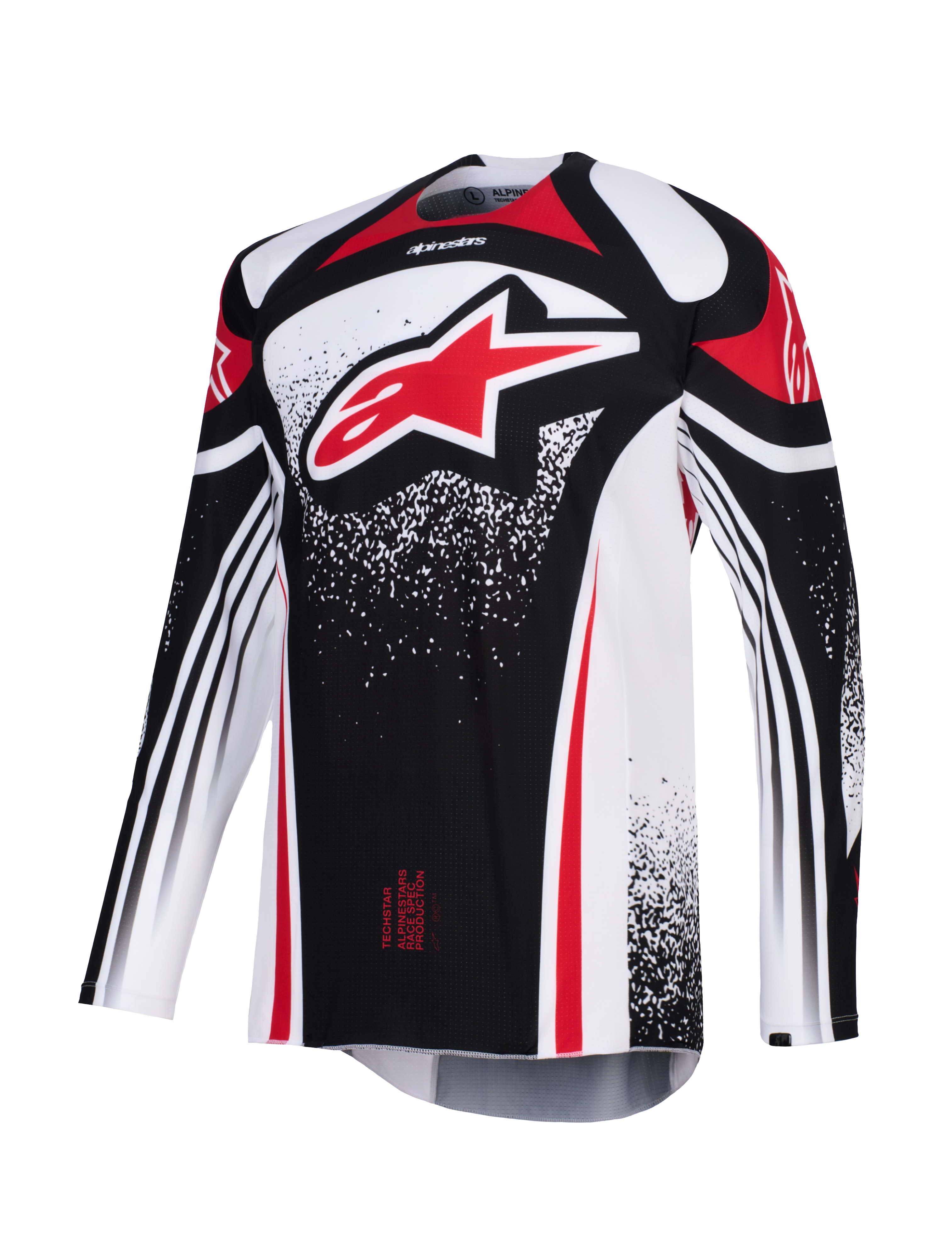 Alpinestars 2026 Techstar Nomur Jersey, motocross-trøje, sort, hvid og rød, med et stort rødt Astars-logo på brystet, prikkede grafiske mønstre, lange ærmer og atletisk race fit til højtydende off-road-konkurrence