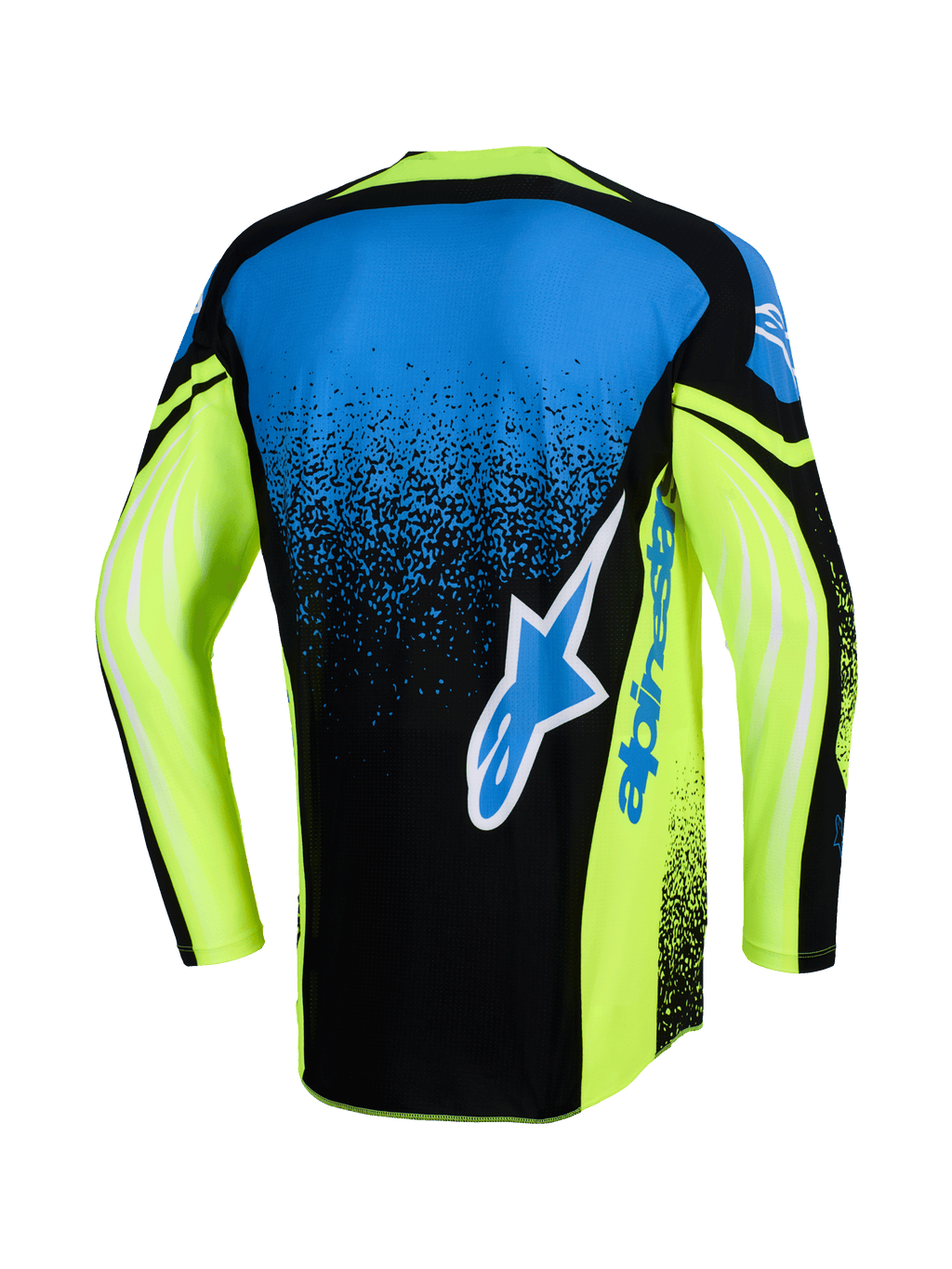 Alpinestars 2026 Techstar Nomur Jersey, set bagfra, motocross-trøje, mørkeblå, neongul og blå, med et stort Alpinestars-logo på ryggen, neongule ærmer med grafiske detaljer og en atletisk race-pasform