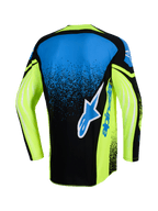 Alpinestars 2026 Techstar Nomur Jersey, set bagfra, motocross-trøje, mørkeblå, neongul og blå, med et stort Alpinestars-logo på ryggen, neongule ærmer med grafiske detaljer og en atletisk race-pasform