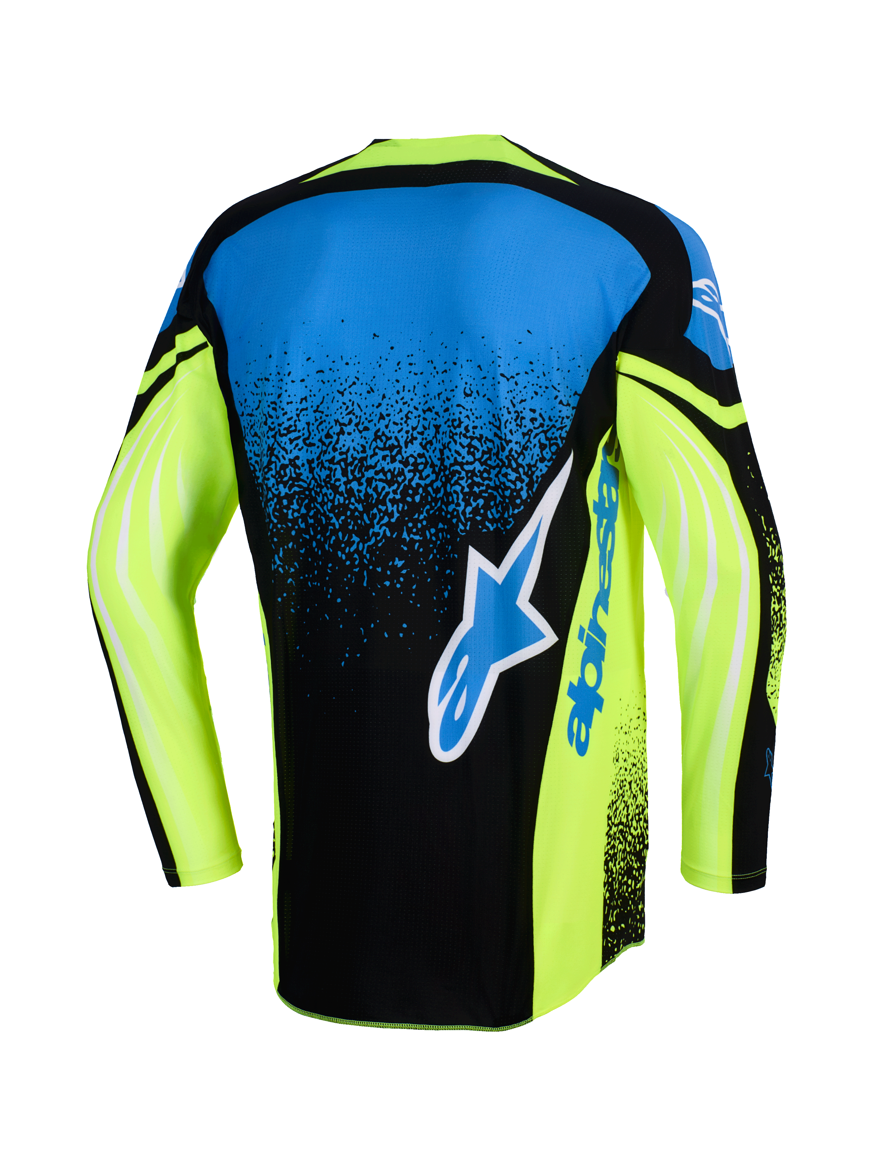 Alpinestars 2026 Techstar Nomur Jersey, set bagfra, motocross-trøje, mørkeblå, neongul og blå, med et stort Alpinestars-logo på ryggen, neongule ærmer med grafiske detaljer og en atletisk race-pasform