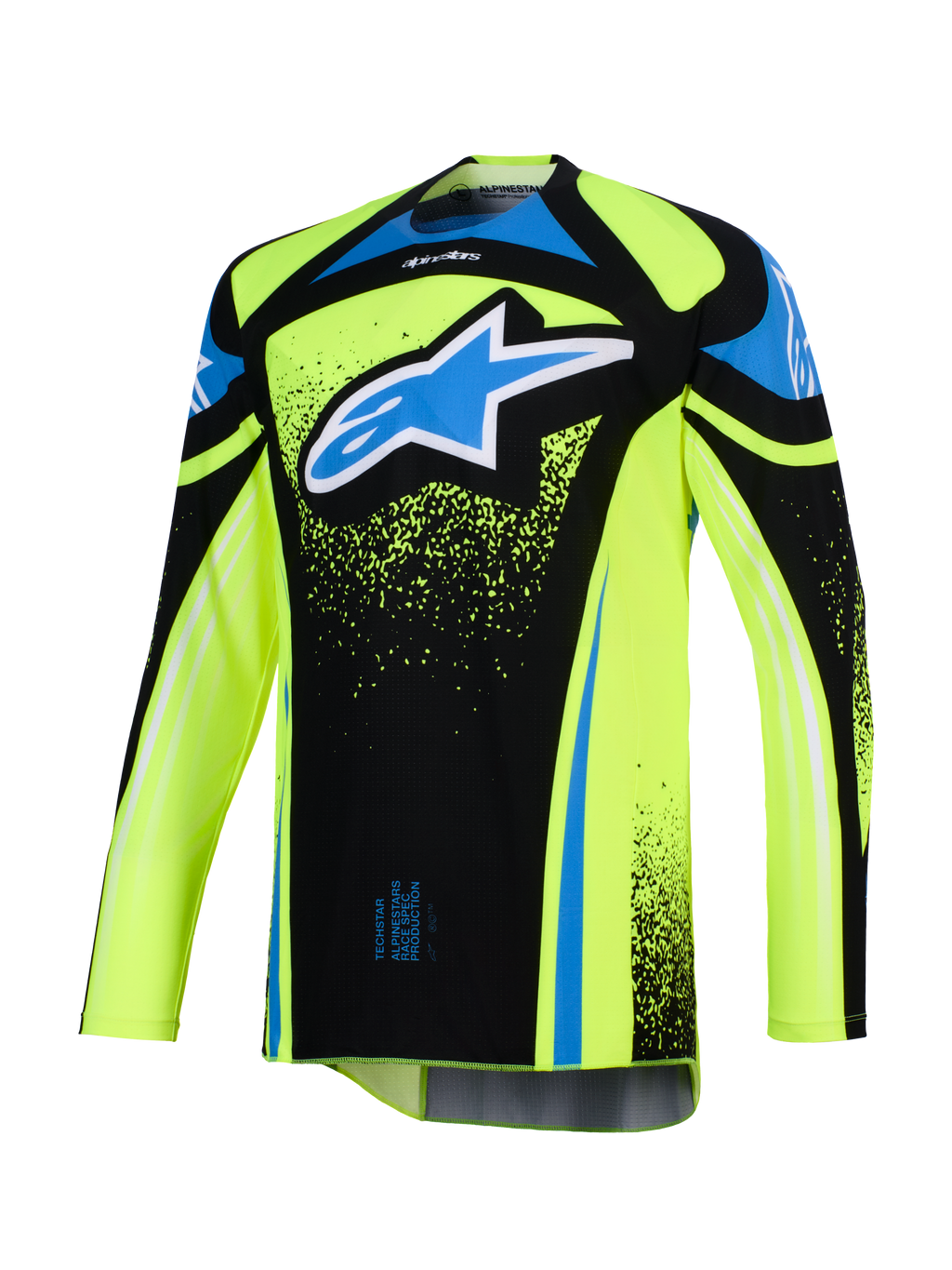 Alpinestars 2026 Techstar Nomur Jersey, motocross-trøje, fluoriserende gul og sort med blå detaljer, med et stort blåt og hvidt Astar-logo på brystet, splatter-grafikdetaljer, lange ærmer, atletisk off-road racerudstyr