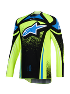 Alpinestars 2026 Techstar Nomur Jersey, motocross-trøje, fluoriserende gul og sort med blå detaljer, med et stort blåt og hvidt Astar-logo på brystet, splatter-grafikdetaljer, lange ærmer, atletisk off-road racerudstyr
