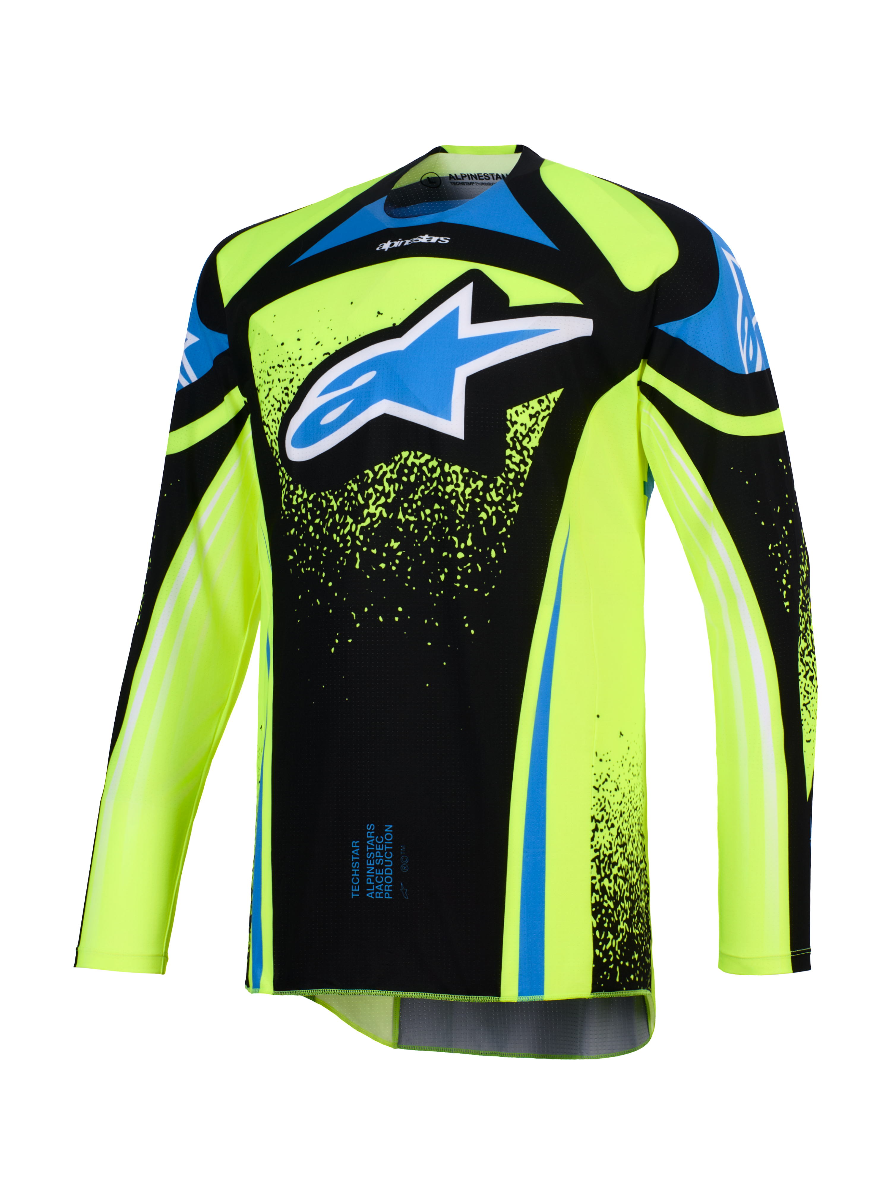 Alpinestars 2026 Techstar Nomur Jersey, motocross-trøje, fluoriserende gul og sort med blå detaljer, med et stort blåt og hvidt Astar-logo på brystet, splatter-grafikdetaljer, lange ærmer, atletisk off-road racerudstyr