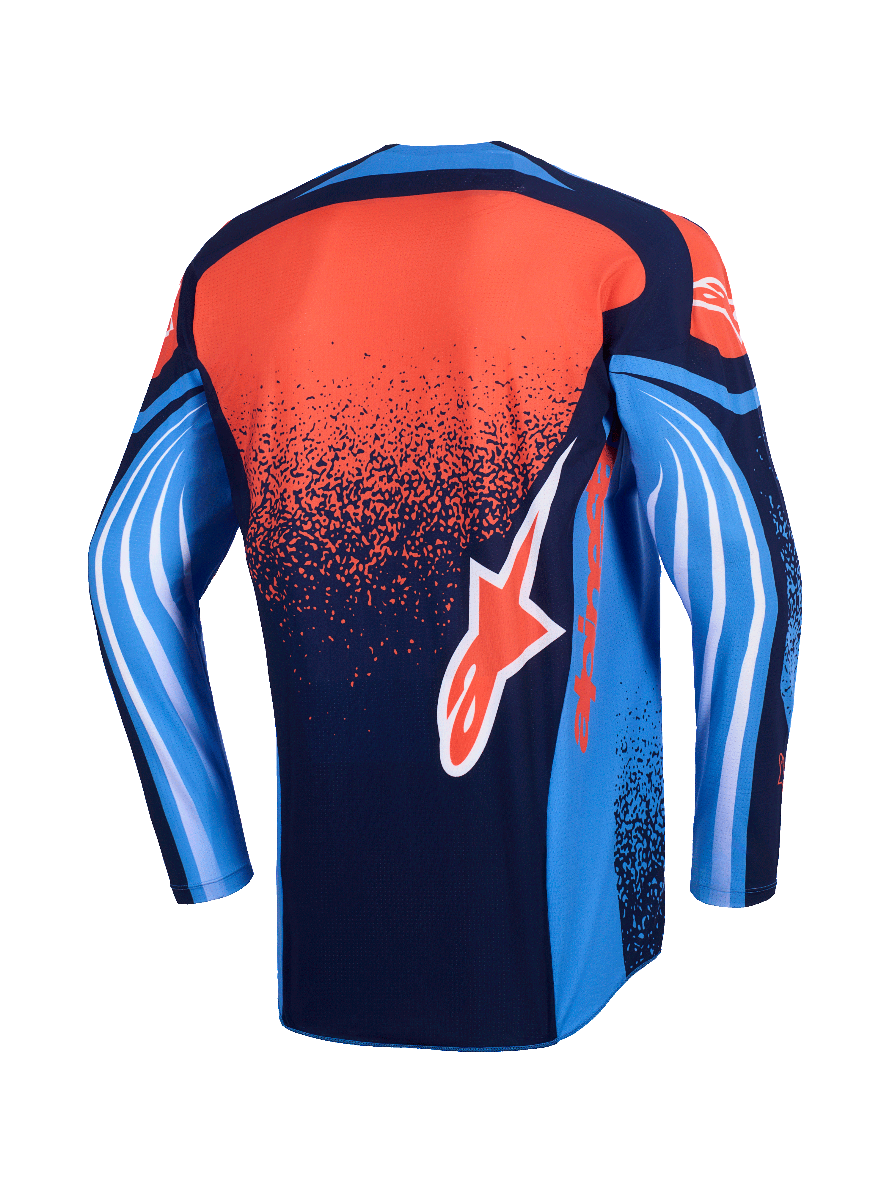 Alpinestars 2026 Techstar Nomur trøje, motocross-trøje, set bagfra, mørkeblå, orange og UCLA-blå, med en spættet orange graduering på ryggen, blå ærmer med hvid bølgelignende grafik og et orange Alpinestars-logo på den nederste del af ryggen.