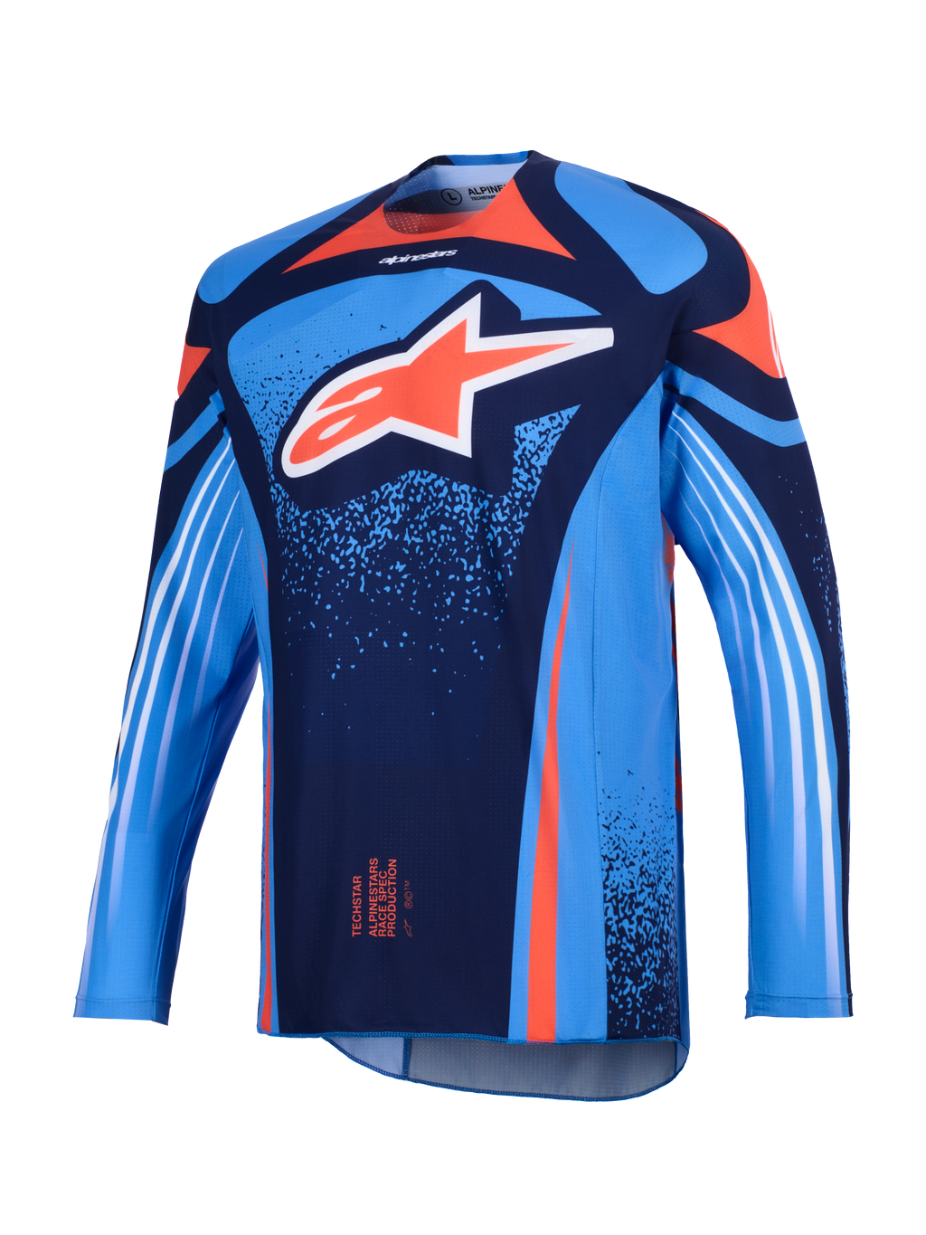 Alpinestars 2026 Techstar Nomur trøje, motocross-trøje, mørkeblå og UCLA-blå med orange accenter, med et stort hvidt Astars-logo på brystet og hvide diagonale striber på de lange ærmer, letvægts atletisk race-pasform til off-road ydeevne