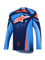 Alpinestars 2026 Techstar Nomur trøje, motocross-trøje, mørkeblå og UCLA-blå med orange accenter, med et stort hvidt Astars-logo på brystet og hvide diagonale striber på de lange ærmer, letvægts atletisk race-pasform til off-road ydeevne