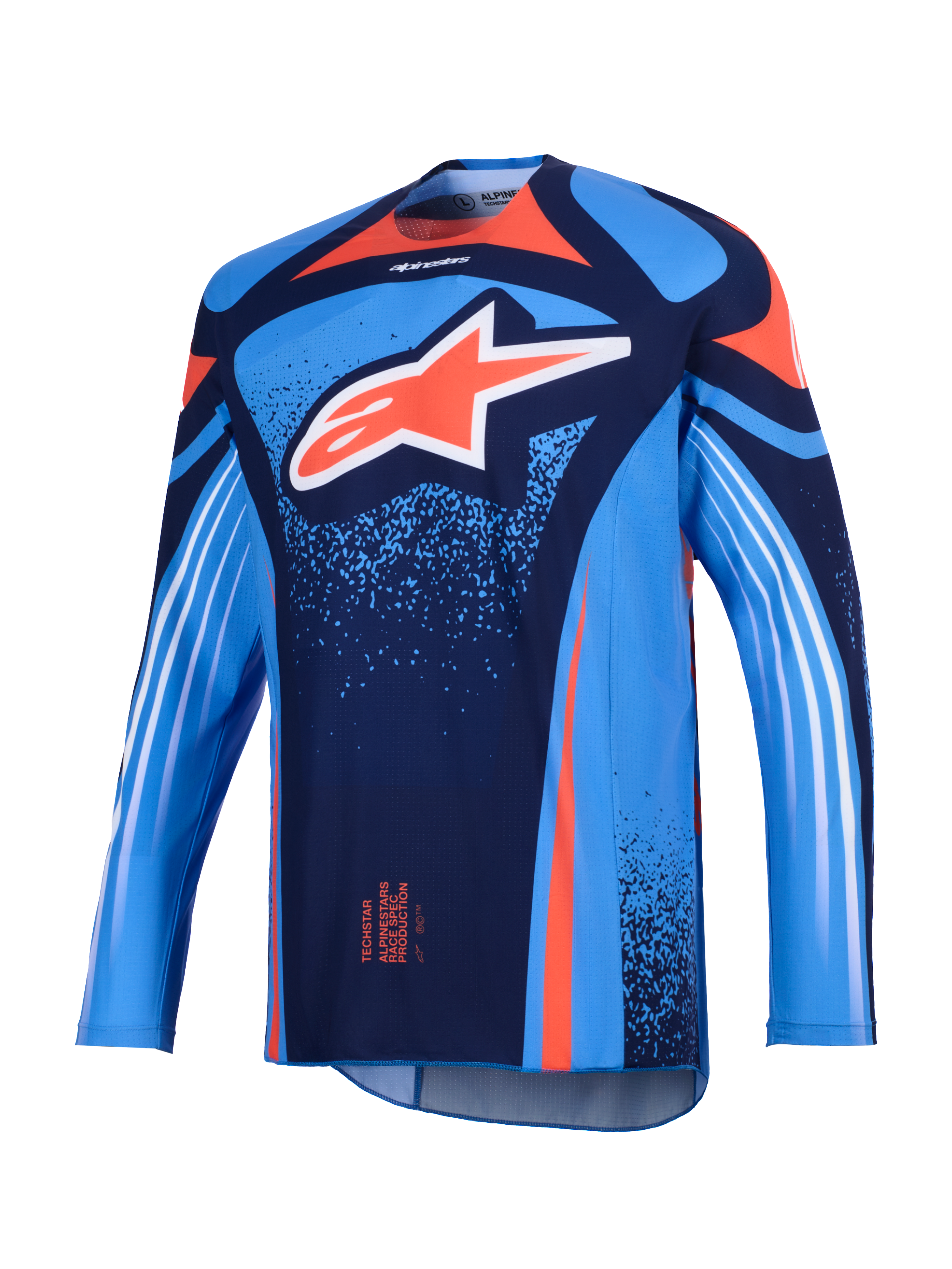 Alpinestars 2026 Techstar Nomur trøje, motocross-trøje, mørkeblå og UCLA-blå med orange accenter, med et stort hvidt Astars-logo på brystet og hvide diagonale striber på de lange ærmer, letvægts atletisk race-pasform til off-road ydeevne