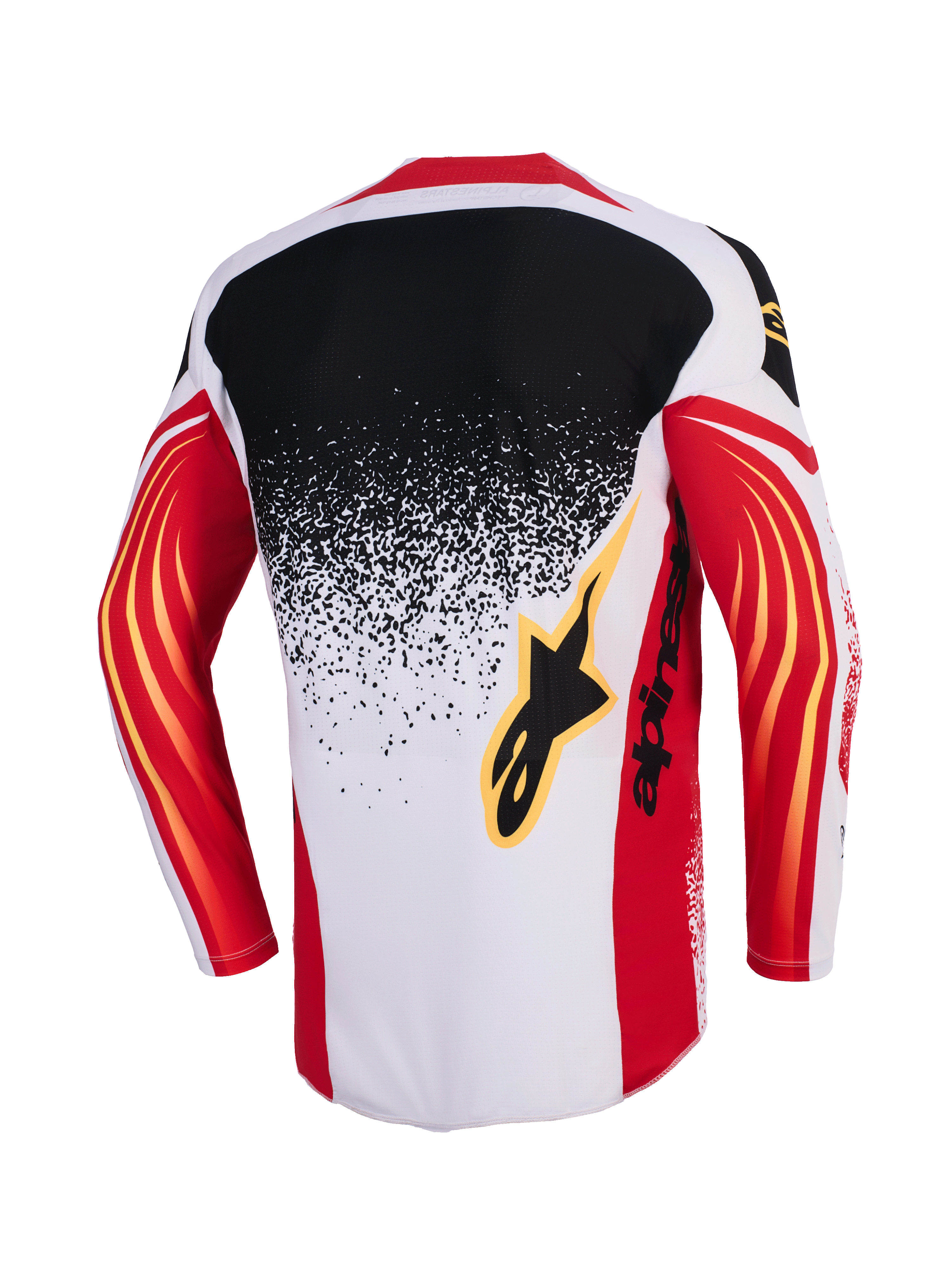 Alpinestars 2026 Techstar Nomur trøje, motocross-trøje, lysegrå, rød og sort, set bagfra med et sort til lysegrå gradient splatter-design, røde ærmer med gule buede detaljer og sort Alpinestars-logo på ryggen.