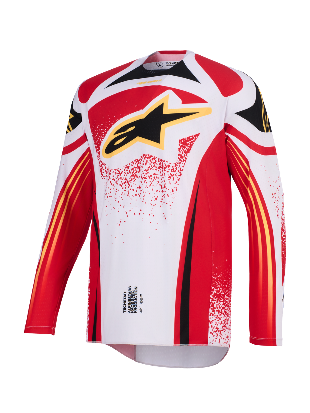 Alpinestars 2026 Techstar Nomur Jersey, motocross-trøje, hvid, rød og sort, med et stort sort Astar-logo med gul kant på brystet, atletisk race-pasform med lange ærmer og performance-grafik til off-road racing.