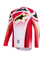 Alpinestars 2026 Techstar Nomur Jersey, motocross-trøje, hvid, rød og sort, med et stort sort Astar-logo med gul kant på brystet, atletisk race-pasform med lange ærmer og performance-grafik til off-road racing.