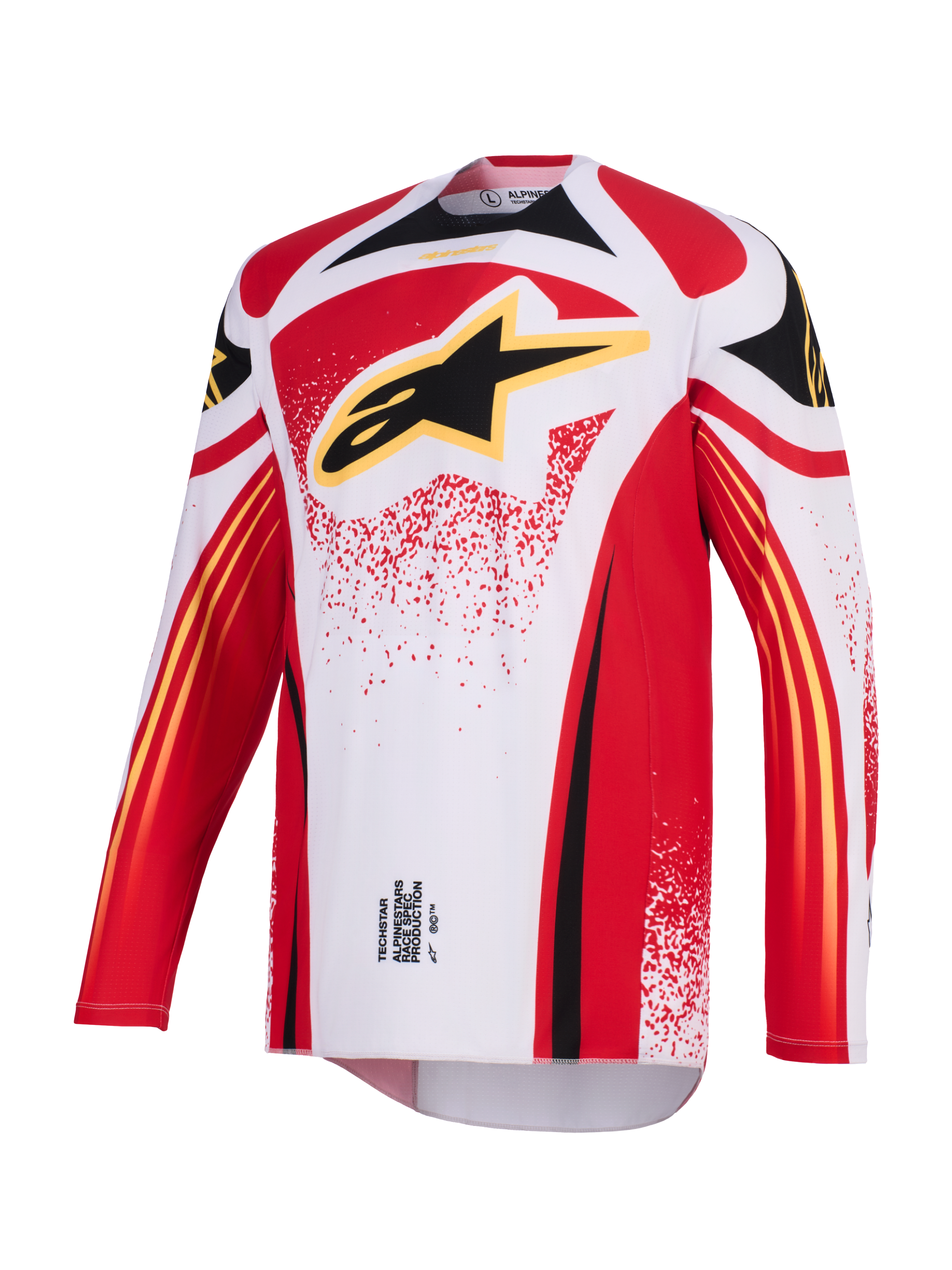 Alpinestars 2026 Techstar Nomur Jersey, motocross-trøje, hvid, rød og sort, med et stort sort Astar-logo med gul kant på brystet, atletisk race-pasform med lange ærmer og performance-grafik til off-road racing.