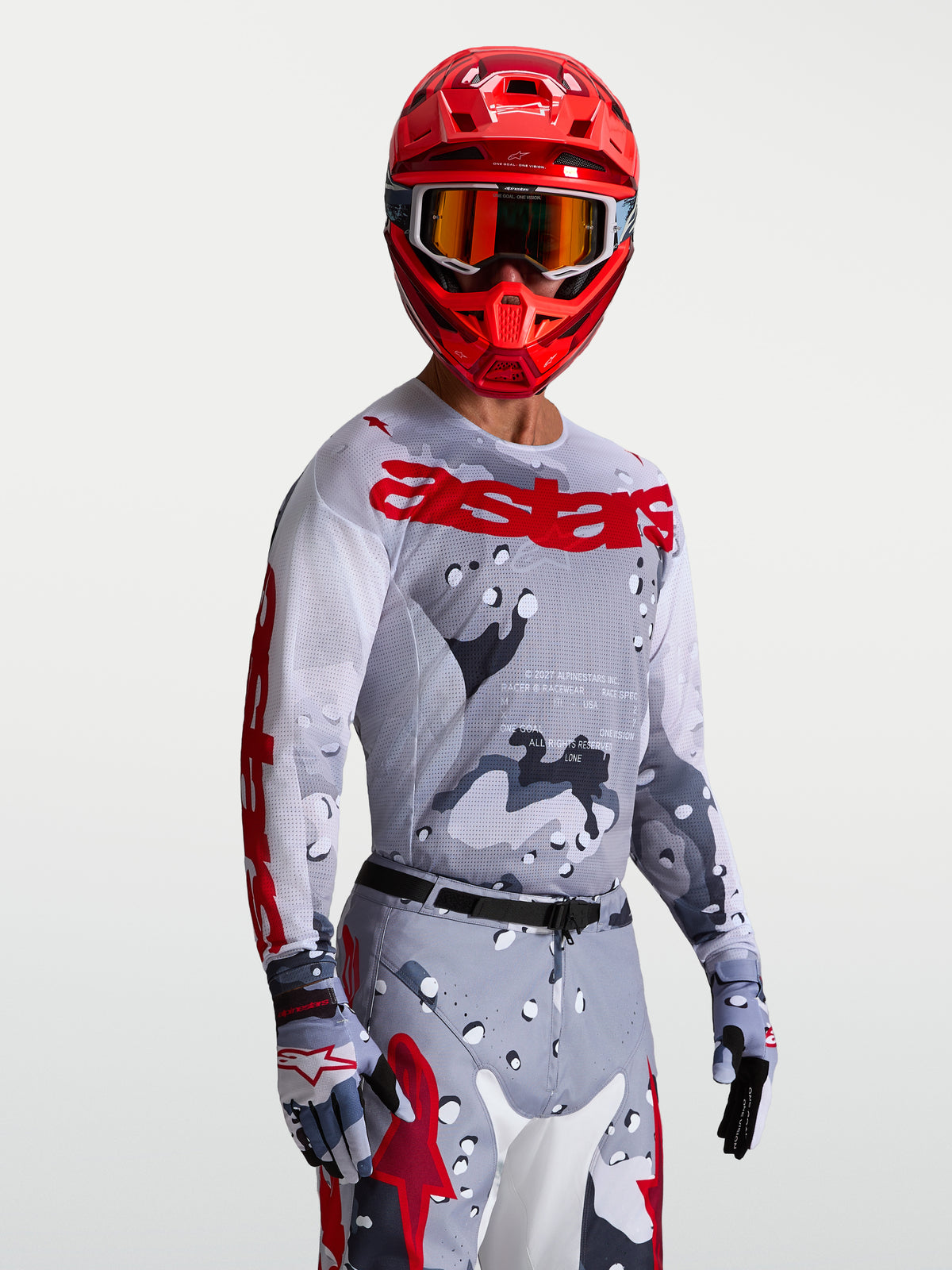 Alpinestars Racer Air Lone Jersey, Men's Motocross Gear, Gray Camo and Fire Red, breathable mesh for warm-weather riding.