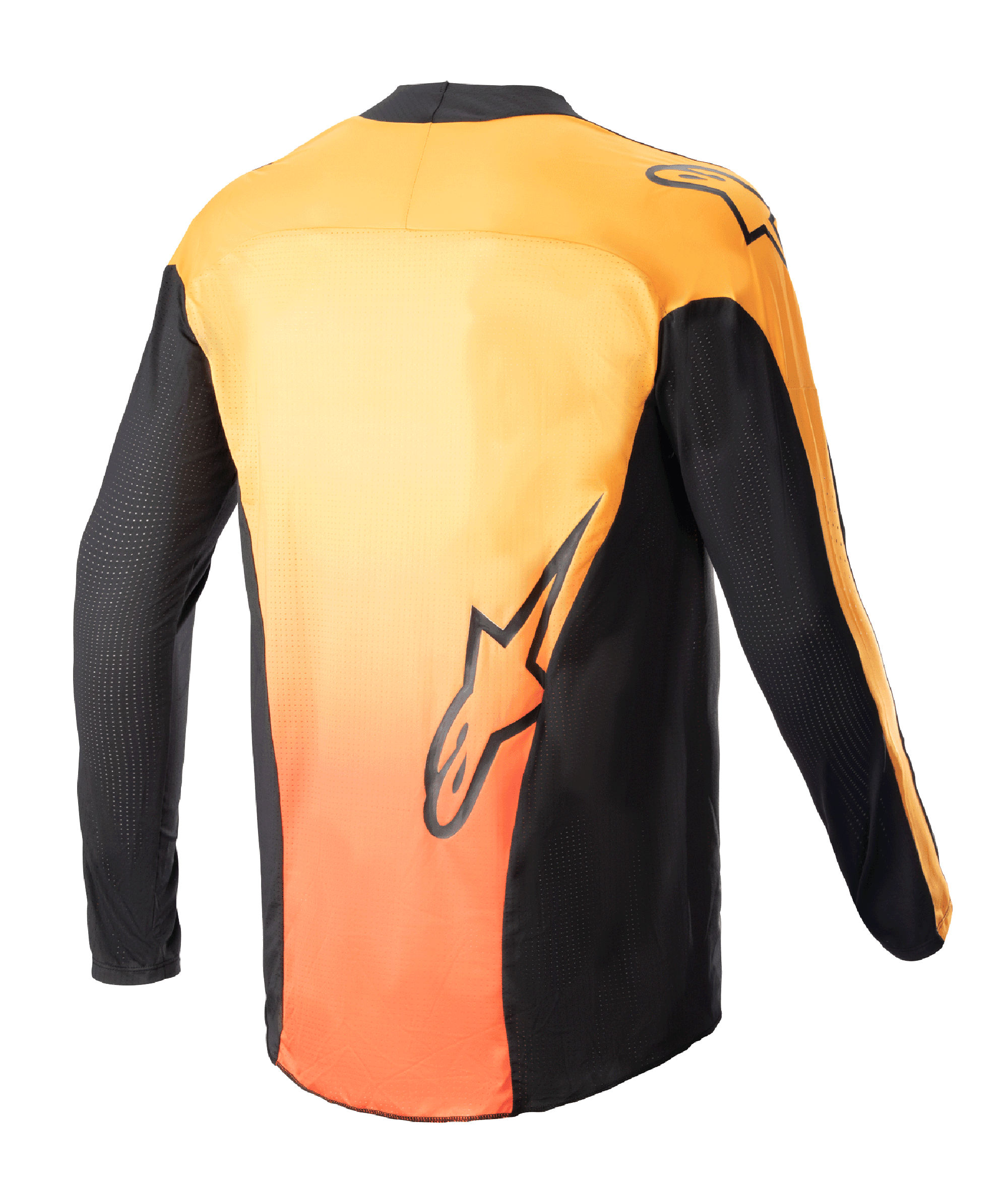 Alpinestars 2023 Techstar Sein Jersey, motocross-trøje, sort og Hot Orange, set bagfra med en levende orange gradient på ryggen, sorte sidepaneler og ærmer, med Alpinestars logografik på lænden og skulderen