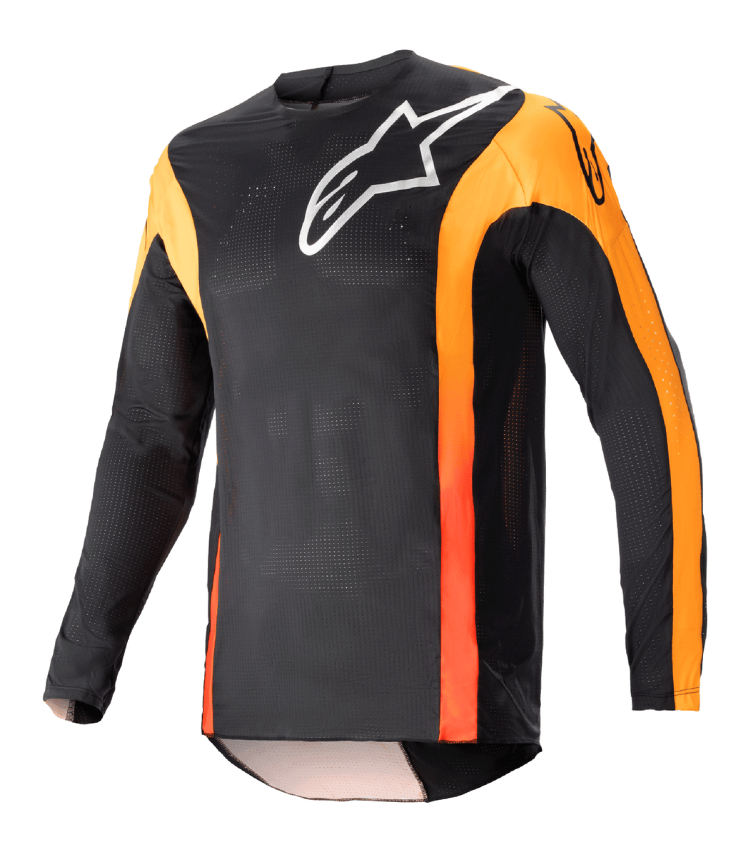 Alpinestars 2023 Techstar Sein trøje, langærmet motocross-jersey, sort med Hot Orange detaljer, hvidt Alpinestars-logo på brystet, let åndbart mesh-materiale, atletisk race-pasform