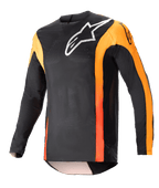 Alpinestars 2023 Techstar Sein trøje, langærmet motocross-jersey, sort med Hot Orange detaljer, hvidt Alpinestars-logo på brystet, let åndbart mesh-materiale, atletisk race-pasform