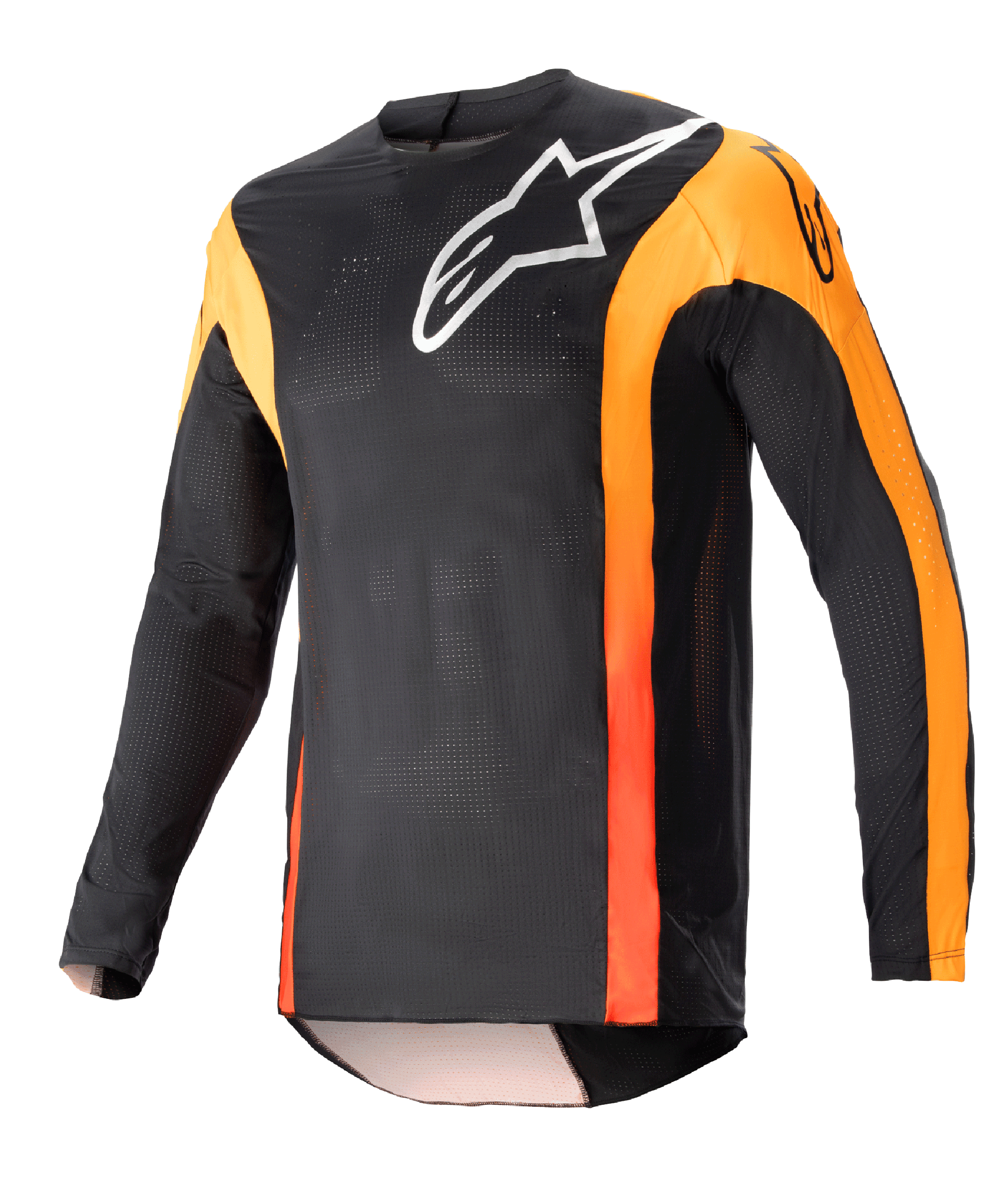 Alpinestars 2023 Techstar Sein trøje, langærmet motocross-jersey, sort med Hot Orange detaljer, hvidt Alpinestars-logo på brystet, let åndbart mesh-materiale, atletisk race-pasform