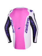 Alpinestars 2026 Fluid Grid Jersey, set bagfra, motocross-trøje, sort, lysegrå og lilla, lyserødt centerpanel med hvide og sorte sektioner, lilla Alpinestars-branding på ærmer og sider, fugttransporterende polytekstilkonstruktion