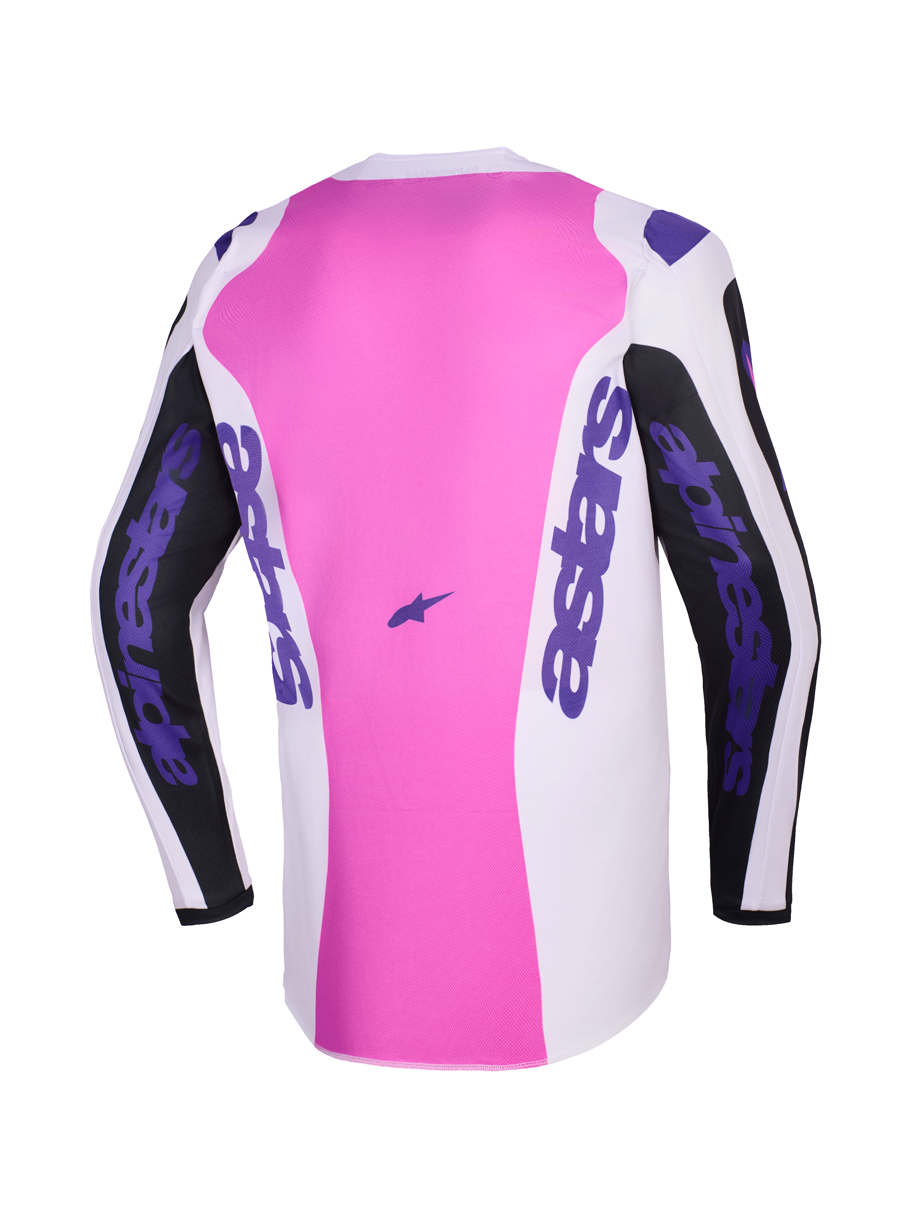 Alpinestars 2026 Fluid Grid Jersey, set bagfra, motocross-trøje, sort, lysegrå og lilla, lyserødt centerpanel med hvide og sorte sektioner, lilla Alpinestars-branding på ærmer og sider, fugttransporterende polytekstilkonstruktion