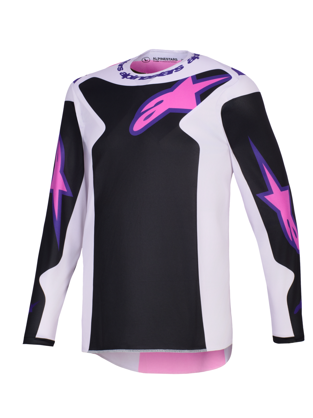 Alpinestars 2026 Fluid Grid trøje, motocross-trøje, sort, lysegrå og lilla, med pink Astars-logoer på brystet og ærmerne, sorte paneler på en lysegrå base, langærmet atletisk pasform til terrænkørsel