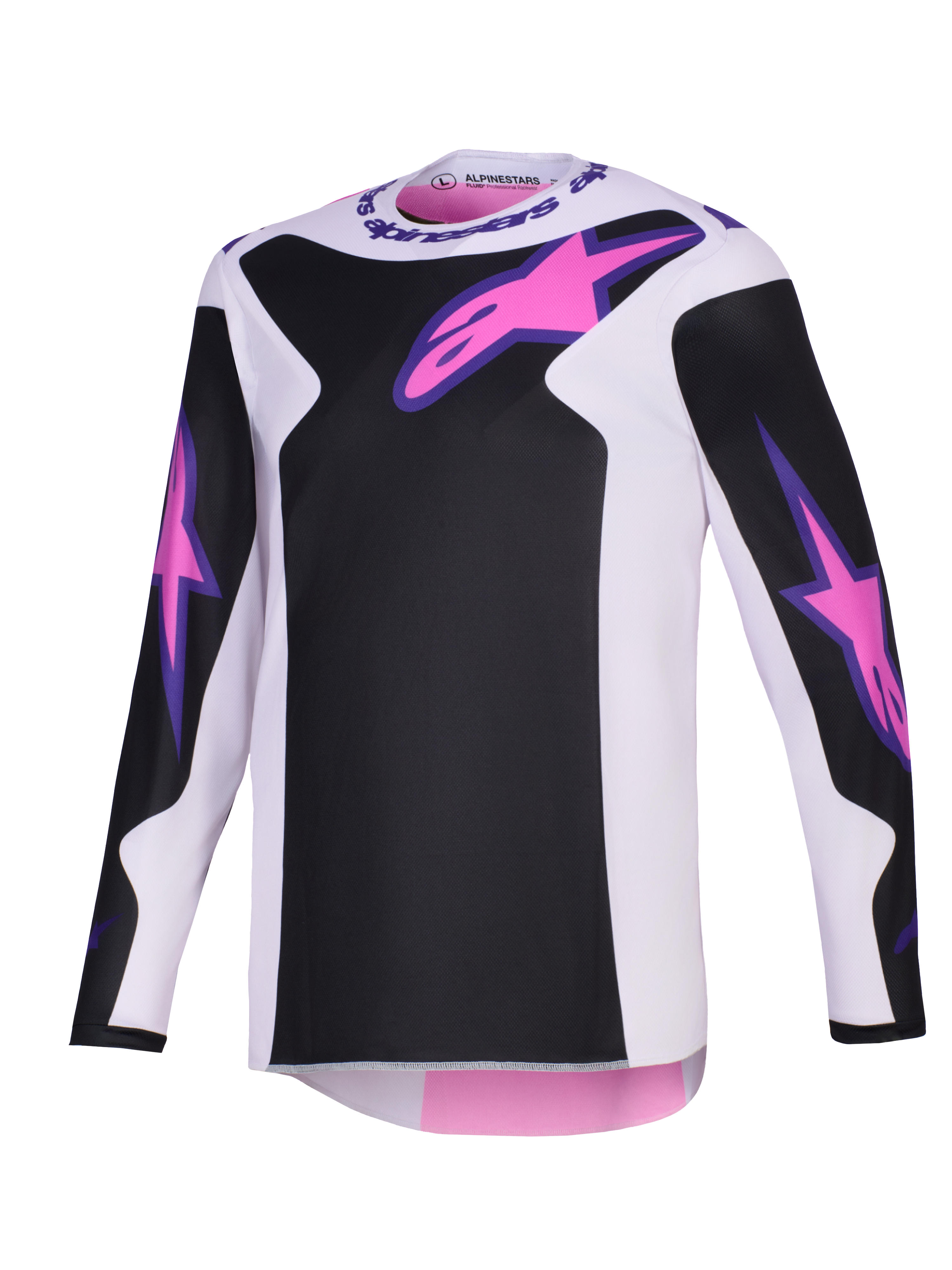 Alpinestars 2026 Fluid Grid trøje, motocross-trøje, sort, lysegrå og lilla, med pink Astars-logoer på brystet og ærmerne, sorte paneler på en lysegrå base, langærmet atletisk pasform til terrænkørsel
