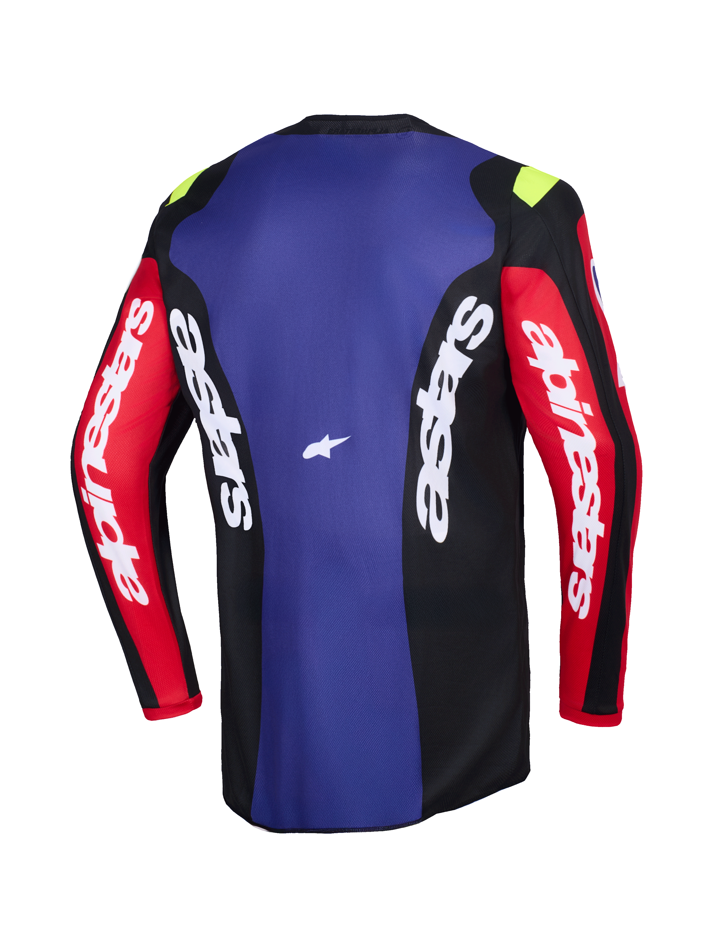 Alpinestars 2026 Fluid Grid-trøje, set bagfra, motocross-trøje i rød, sort og lilla, med hvidt Alpinestars-branding på ærmer og sidepaneler, små neongule detaljer på skuldrene, teknisk fugttransporterende off-road-beklædning