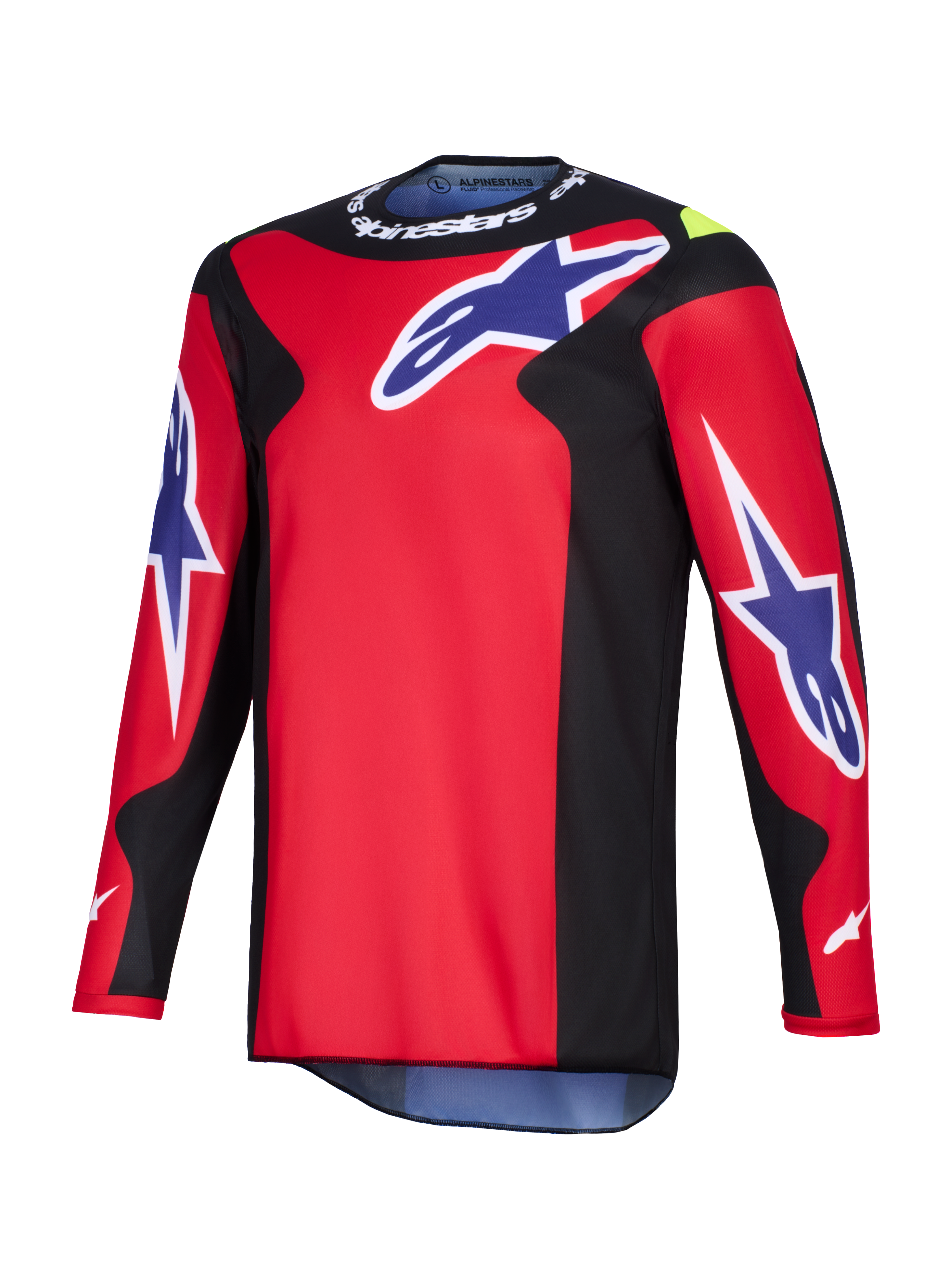Alpinestars 2026 Fluid Grid trøje, motocross-trøje, rød, sort og lilla, med store lilla Astars-logoer på brystet og ærmerne, sorte sidepaneler og hvid Alpinestars-branding på kraven, performance polyfabric-konstruktion