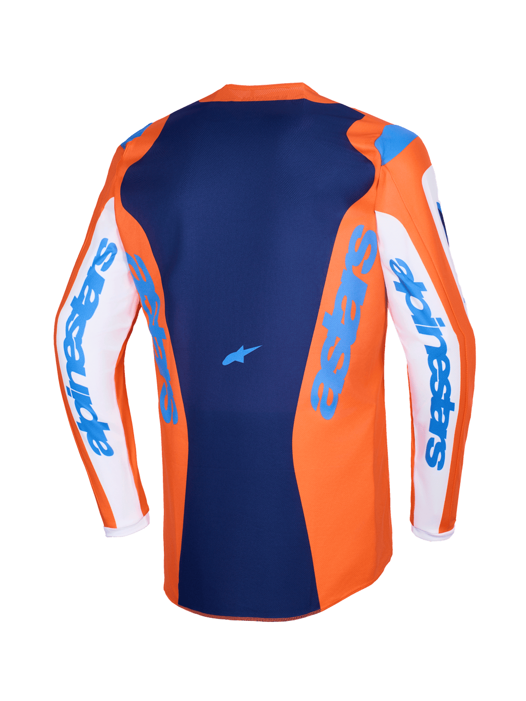 Alpinestars 2026 Fluid Grid Jersey, motocross jersey, orange og UCLA blå, hvide ærmer med blåt Alpinestars-branding, mørkeblåt rygpanel med lille stjerne-logo, forlænget rygstykke til off-road kørsel