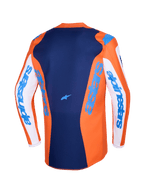 Alpinestars 2026 Fluid Grid Jersey, motocross jersey, orange og UCLA blå, hvide ærmer med blåt Alpinestars-branding, mørkeblåt rygpanel med lille stjerne-logo, forlænget rygstykke til off-road kørsel