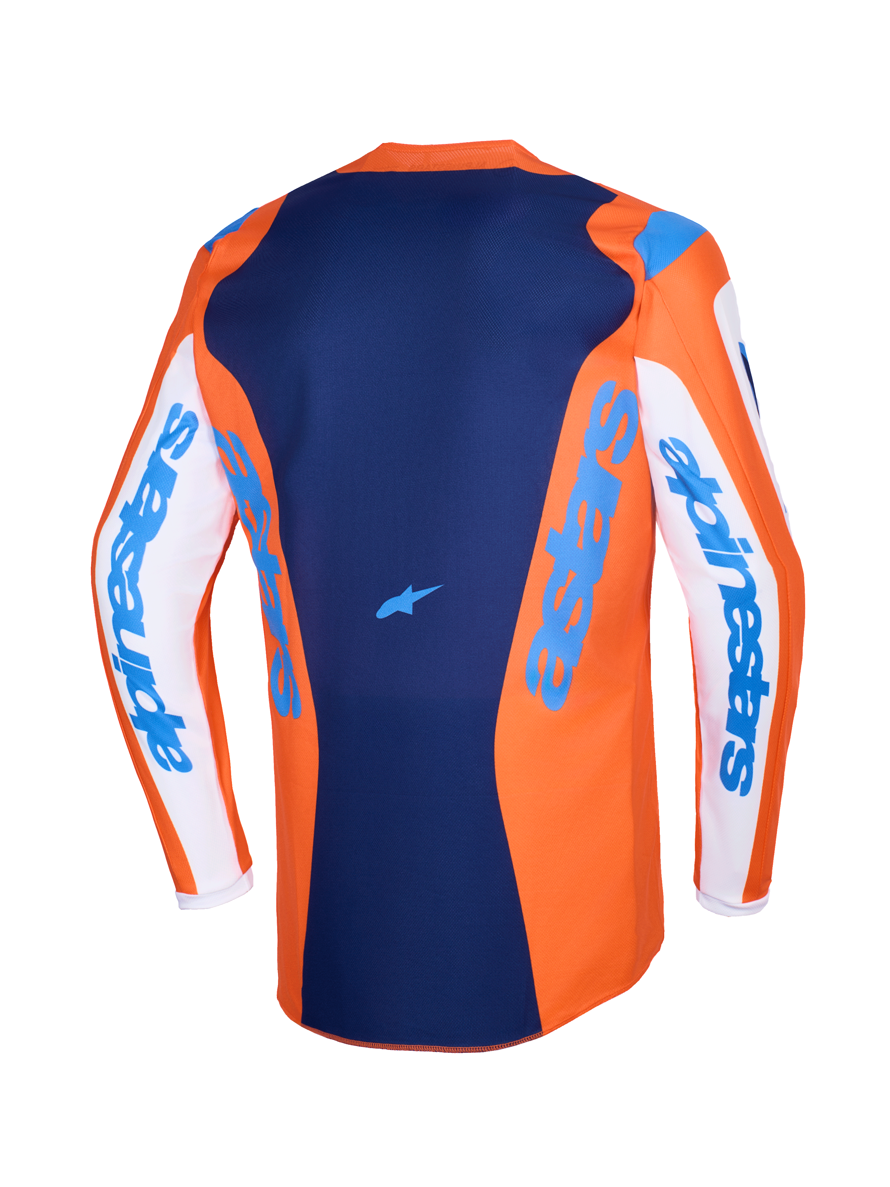 Alpinestars 2026 Fluid Grid Jersey, motocross jersey, orange og UCLA blå, hvide ærmer med blåt Alpinestars-branding, mørkeblåt rygpanel med lille stjerne-logo, forlænget rygstykke til off-road kørsel
