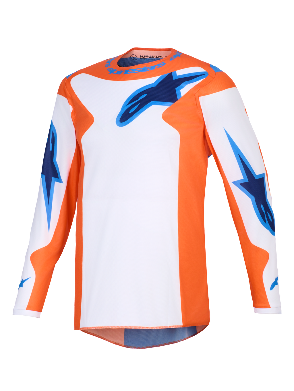 Alpinestars 2026 Fluid Grid trøje, motocross-trøje, orange, hvid og UCLA-blå, langærmet performance-udstyr med blå stjernelogoer på brystet og ærmerne, atletisk pasform til terrænkørsel