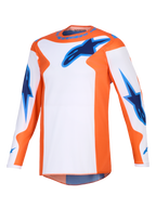 Alpinestars 2026 Fluid Grid trøje, motocross-trøje, orange, hvid og UCLA-blå, langærmet performance-udstyr med blå stjernelogoer på brystet og ærmerne, atletisk pasform til terrænkørsel