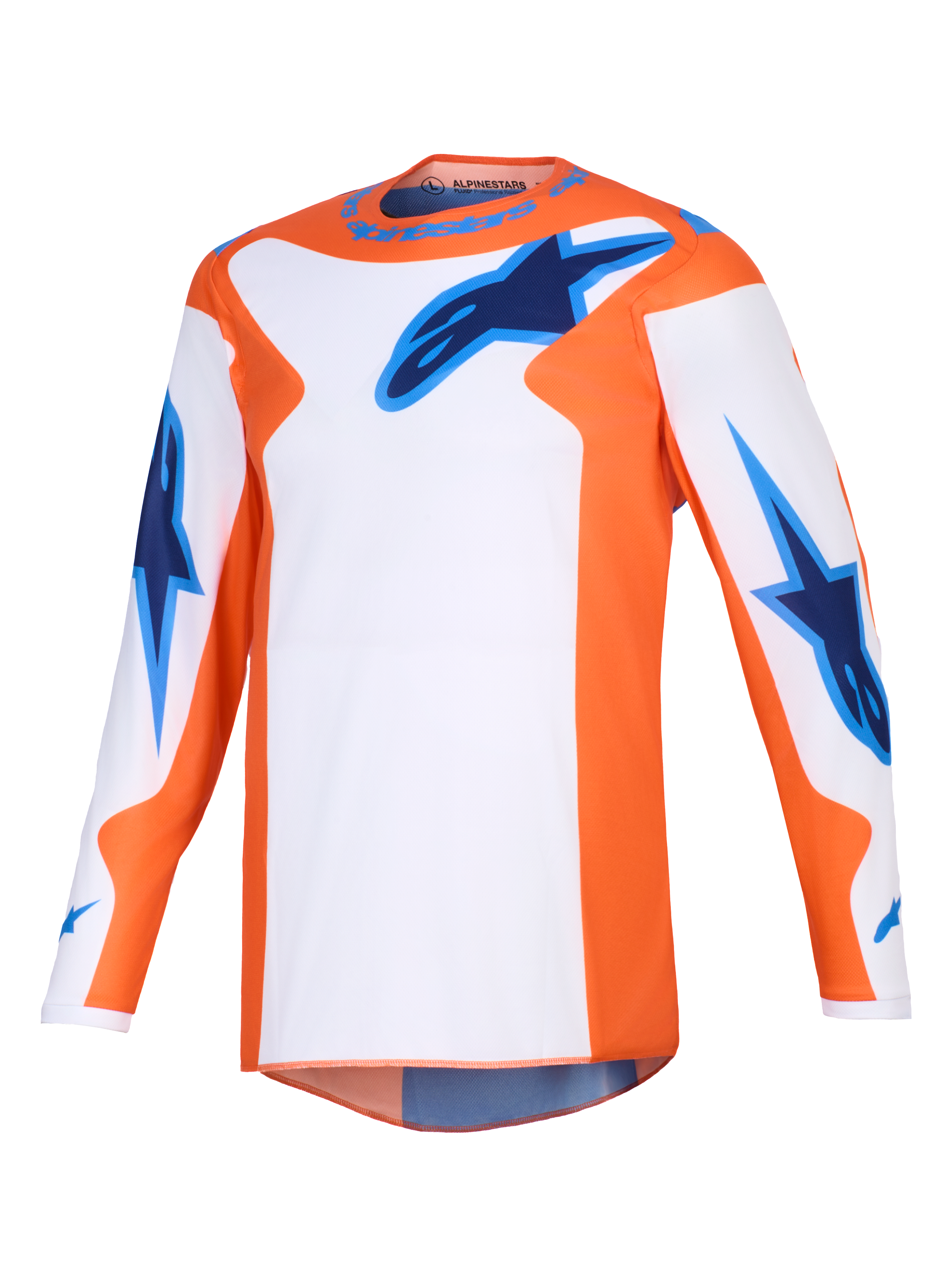 Alpinestars 2026 Fluid Grid trøje, motocross-trøje, orange, hvid og UCLA-blå, langærmet performance-udstyr med blå stjernelogoer på brystet og ærmerne, atletisk pasform til terrænkørsel