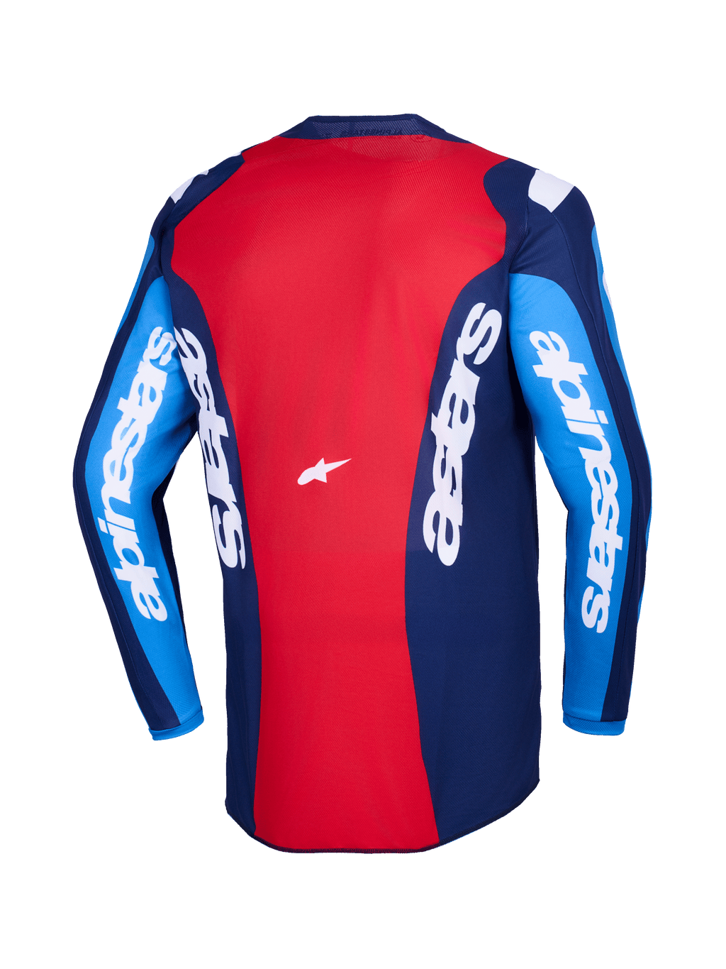 Alpinestars 2026 Fluid Grid Jersey, set bagfra, rød og blå motocross-trøje, med markant hvid Alpinestars-branding på ærmer og ryg, letvægts polyfabrik-design til terrænkørsel