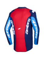 Alpinestars 2026 Fluid Grid Jersey, set bagfra, rød og blå motocross-trøje, med markant hvid Alpinestars-branding på ærmer og ryg, letvægts polyfabrik-design til terrænkørsel