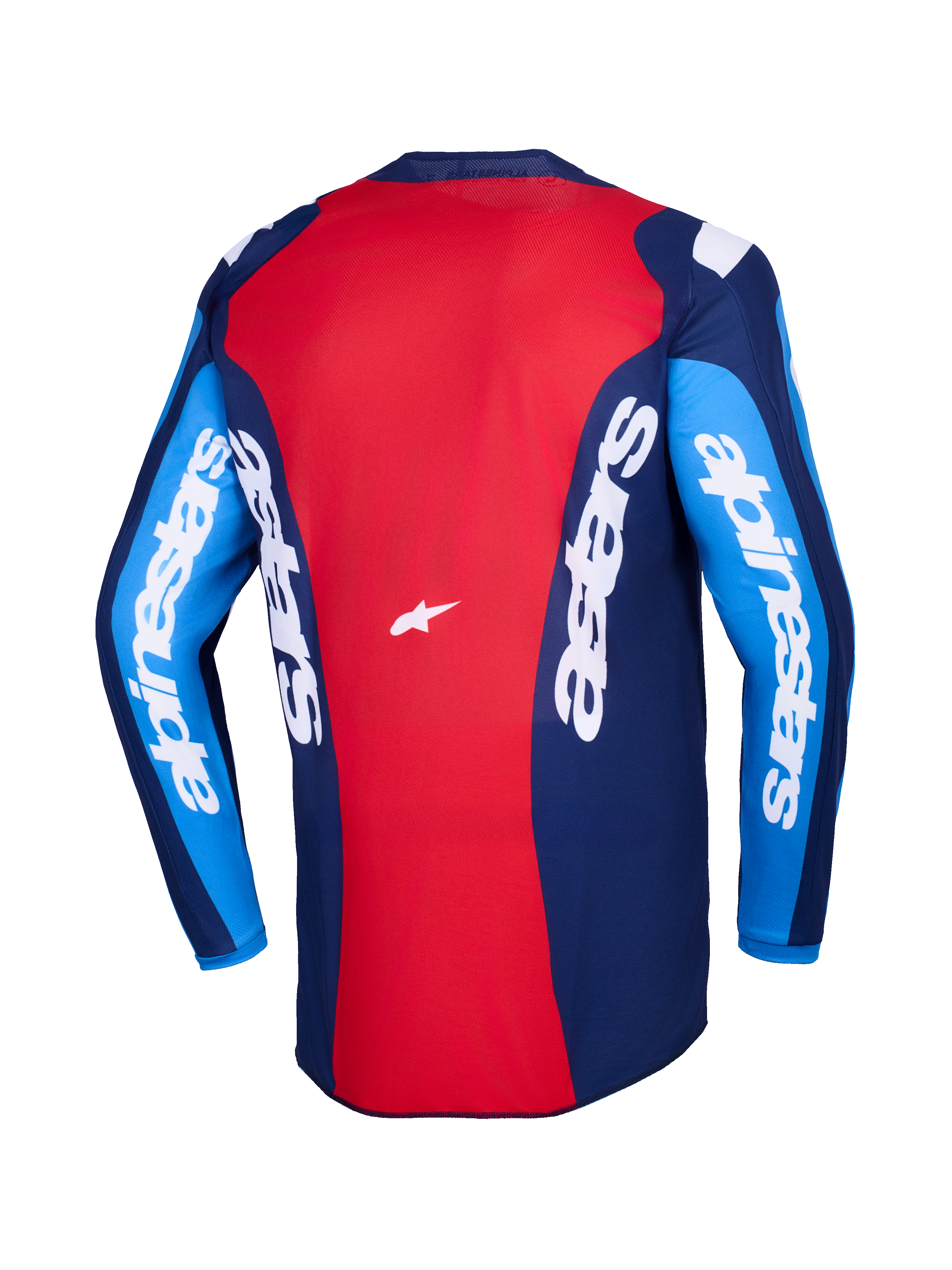 Alpinestars 2026 Fluid Grid Jersey, set bagfra, rød og blå motocross-trøje, med markant hvid Alpinestars-branding på ærmer og ryg, letvægts polyfabrik-design til terrænkørsel
