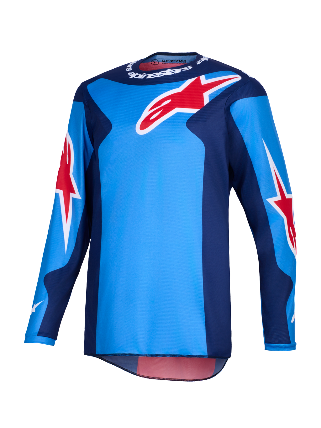 Alpinestars 2026 Fluid Grid trøje, motocrosstrøje, blå og rød, med store røde Alpinestars-stjernelogoer, mørkeblå sidepaneler og letvægts poly-tekstilkonstruktion med en forlænget ryg til off-road kørsel.