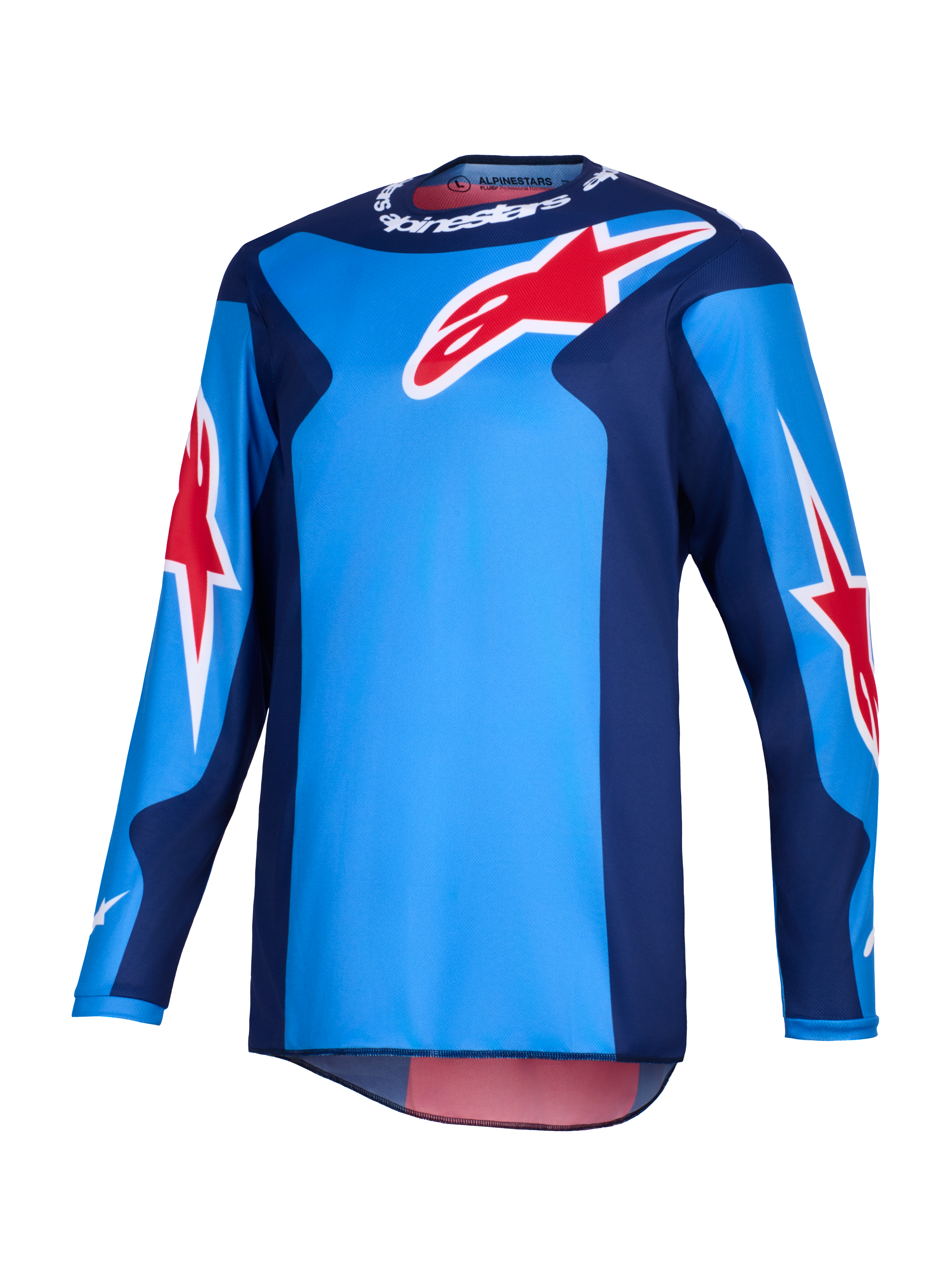 Alpinestars 2026 Fluid Grid trøje, motocrosstrøje, blå og rød, med store røde Alpinestars-stjernelogoer, mørkeblå sidepaneler og letvægts poly-tekstilkonstruktion med en forlænget ryg til off-road kørsel.