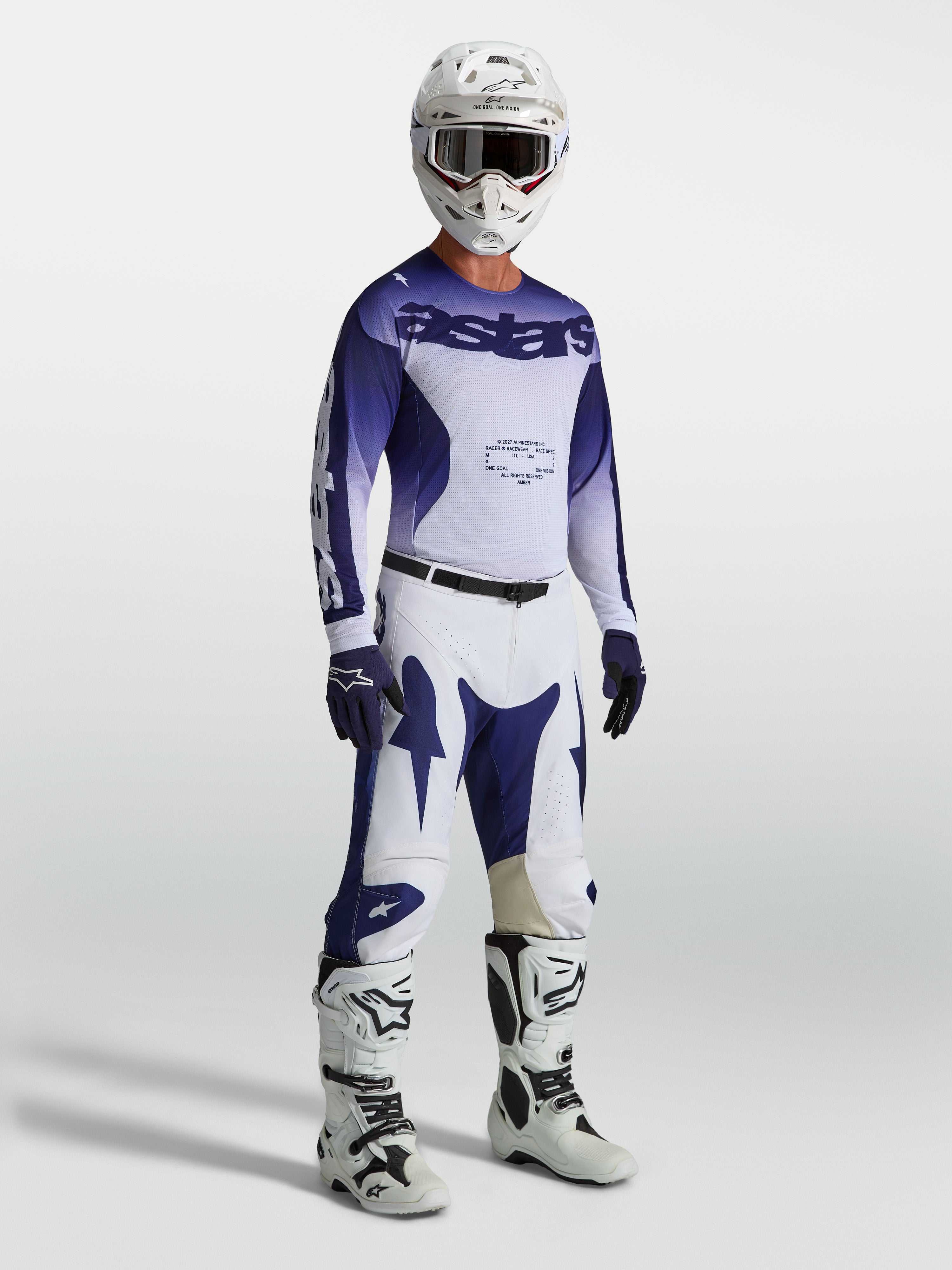 Alpinestars Racer Air Amber Jersey and Gear Set, men's blue and white ventilated motocross outfit shown on-model.