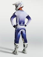 Alpinestars Racer Air Amber Jersey and Gear Set, navy blue and white mesh motocross gear, rear view on model in racing gear.