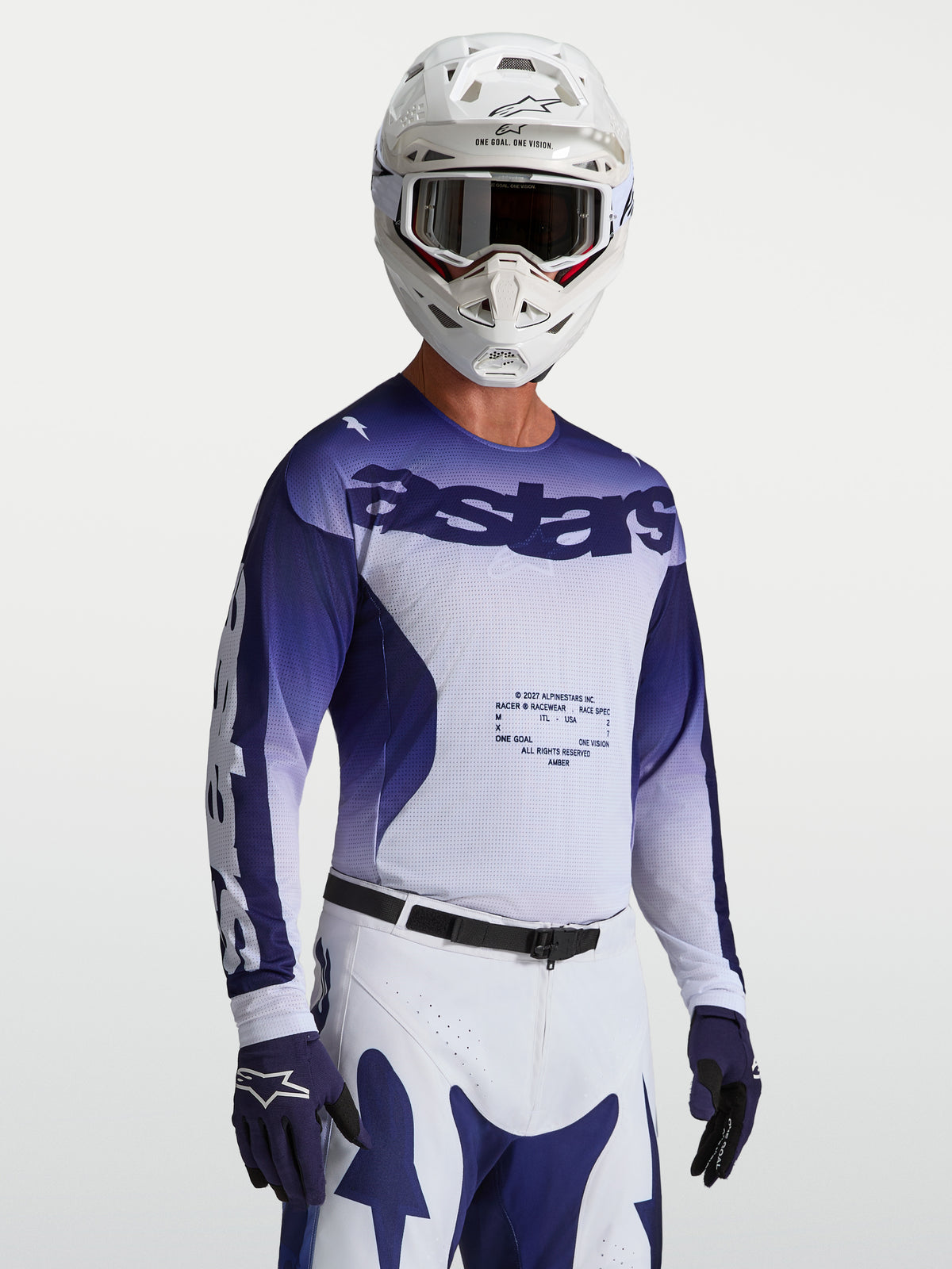 Alpinestars Racer Air Amber Jersey, a men's blue and white motocross racing jersey featuring ventilated mesh for high airflow.