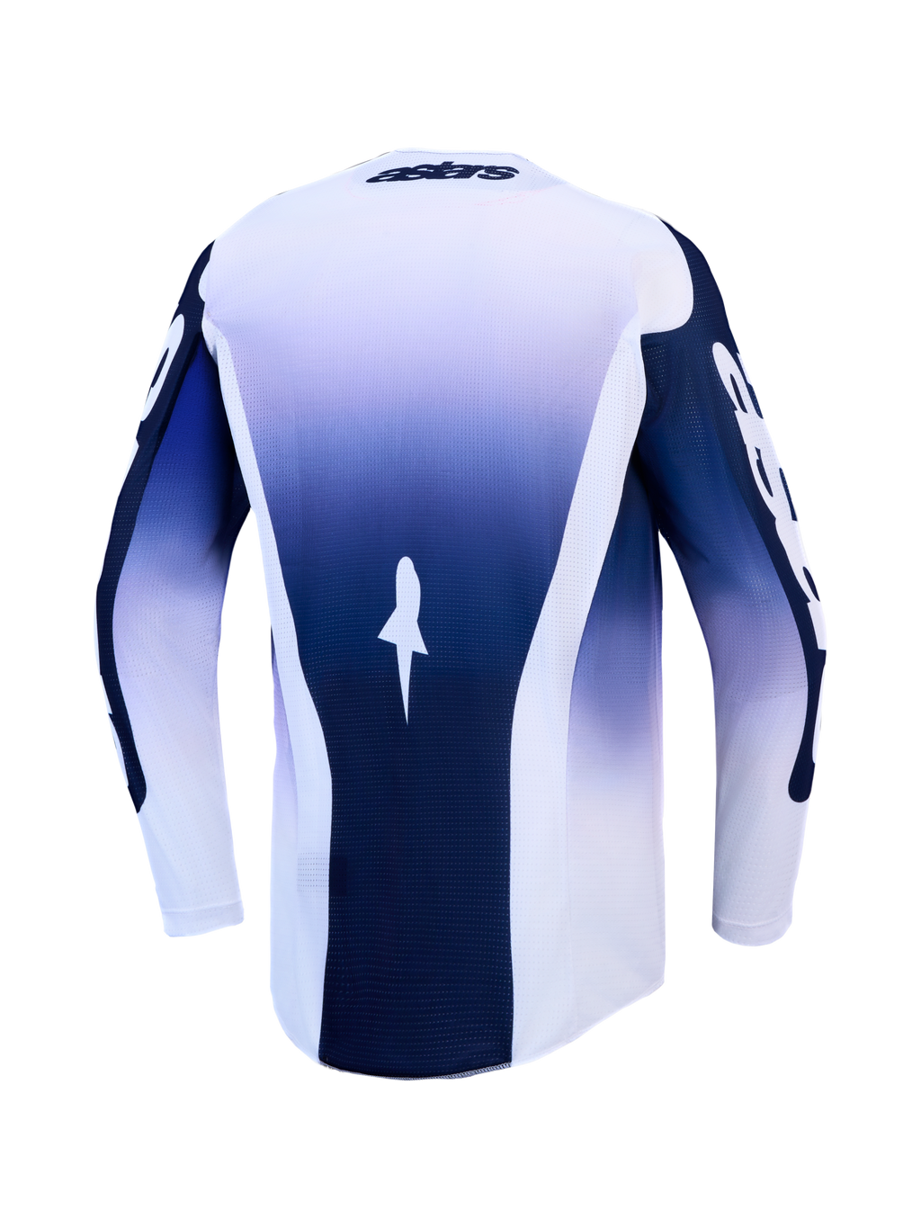 Alpinestars Racer Air Amber Jersey, blue and white motocross jersey, back view, breathable mesh, extended rear hem.