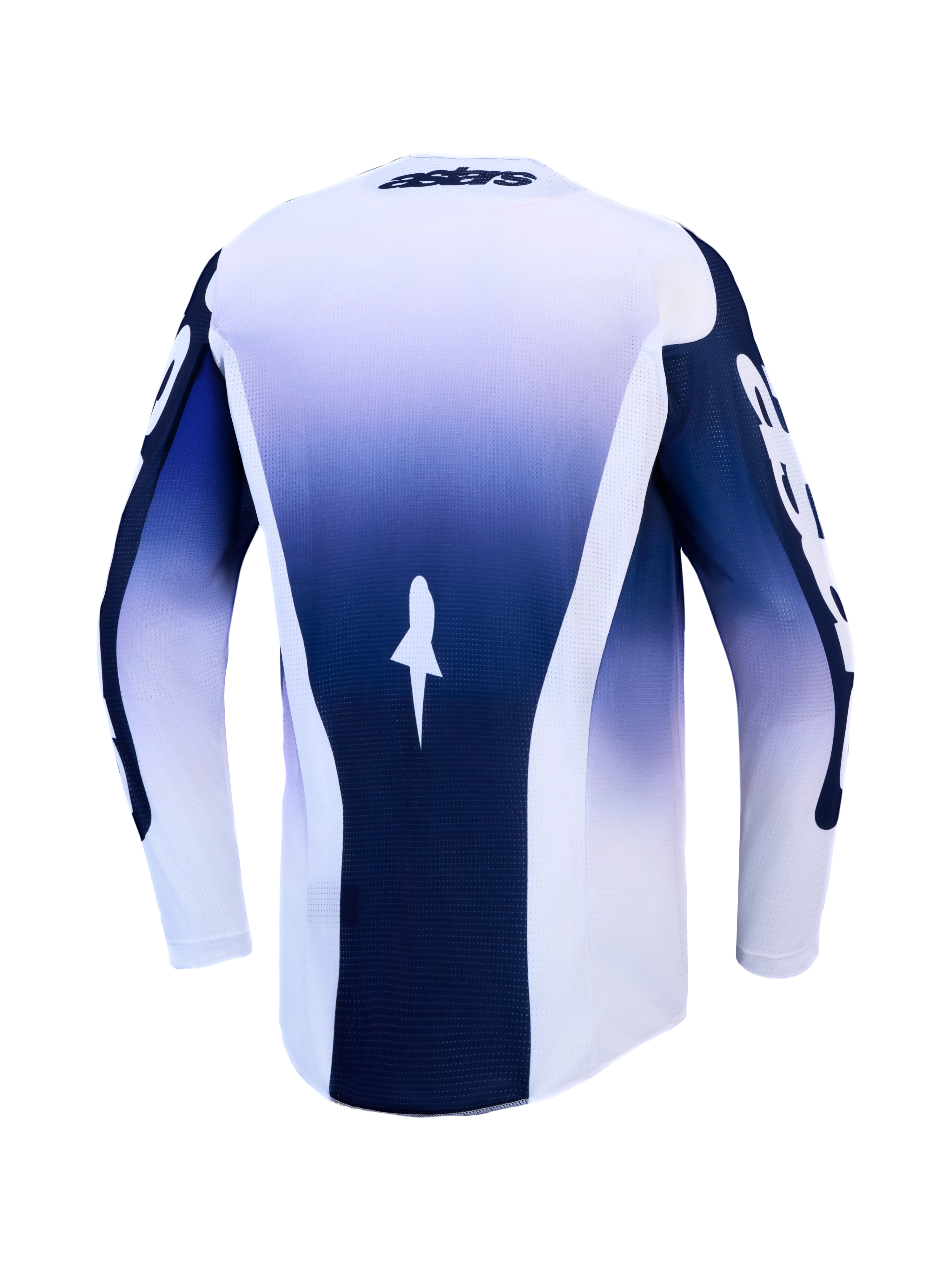 Alpinestars Racer Air Amber Jersey, blue and white motocross jersey, back view, breathable mesh, extended rear hem.