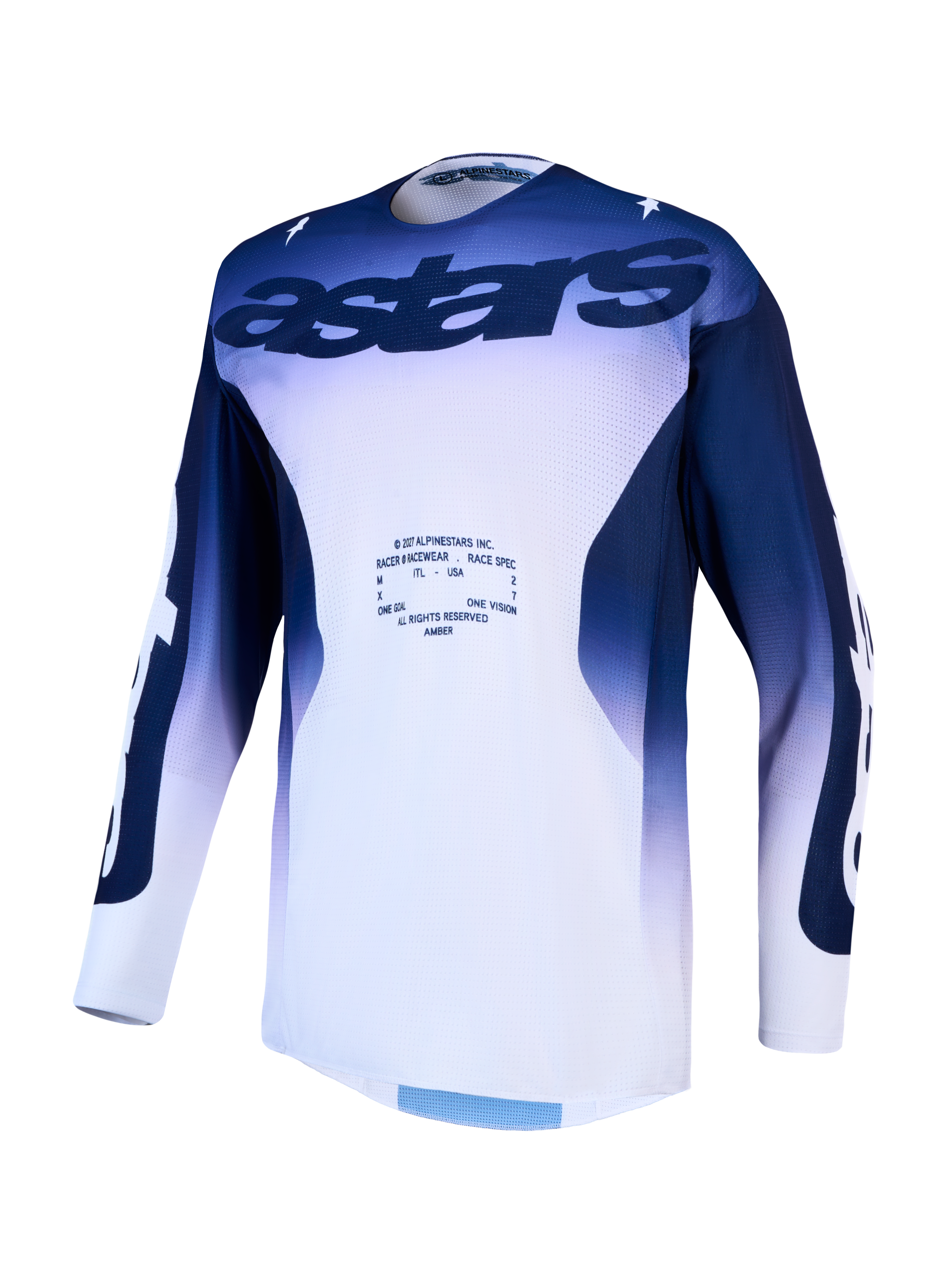 Alpinestars Racer Air Amber Men's Motocross Jersey in blue and white, featuring ventilated mesh for enhanced airflow.