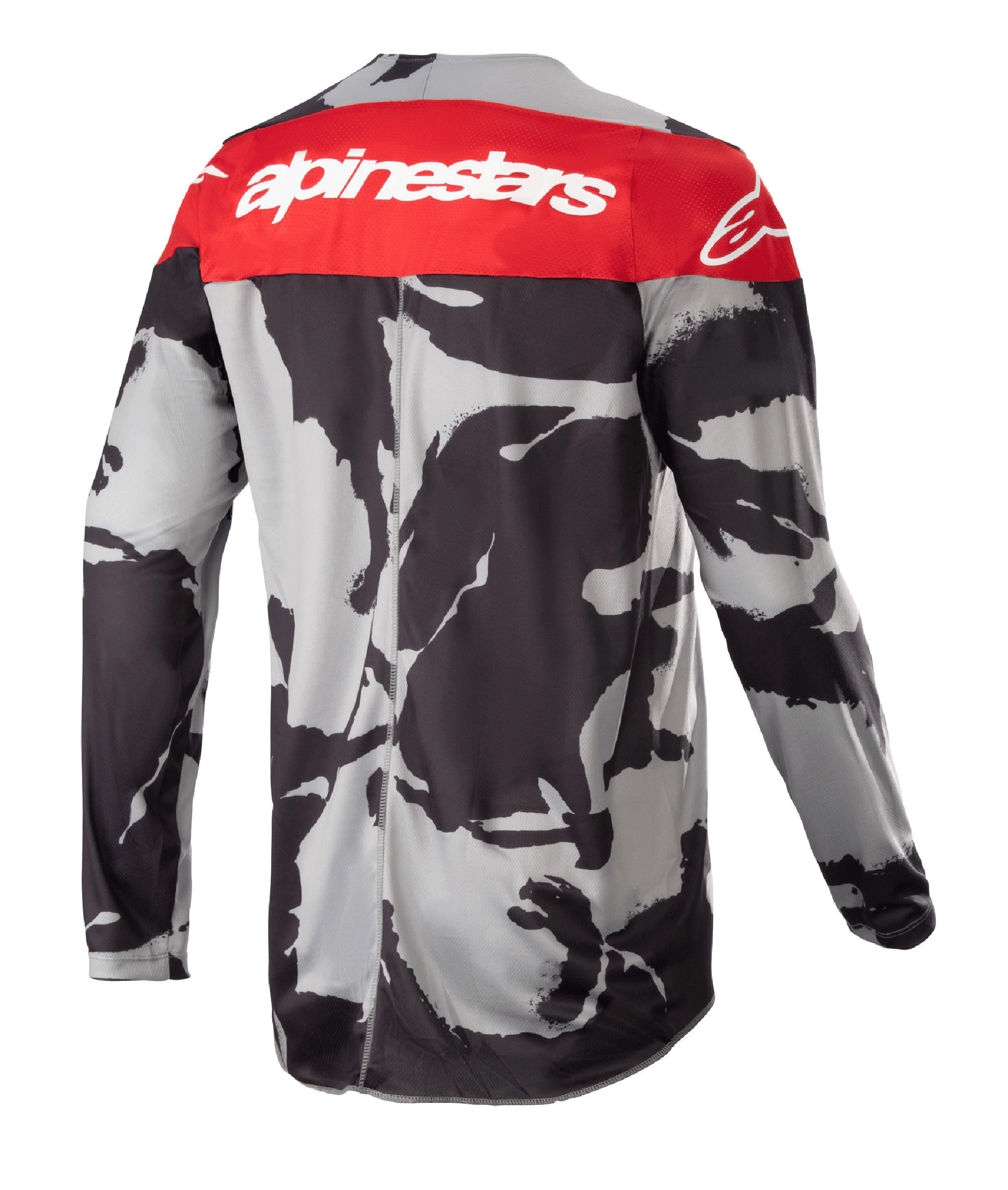 Alpinestars 2023 Racer Tactical trøje, motocross-trøje, Cast Gray Camo og Mars Red, set bagfra med et rødt øvre panel med hvidt Alpinestars-logo og et grå-sort camouflagemønster, letvægts performance-beklædning til off-road kørsel