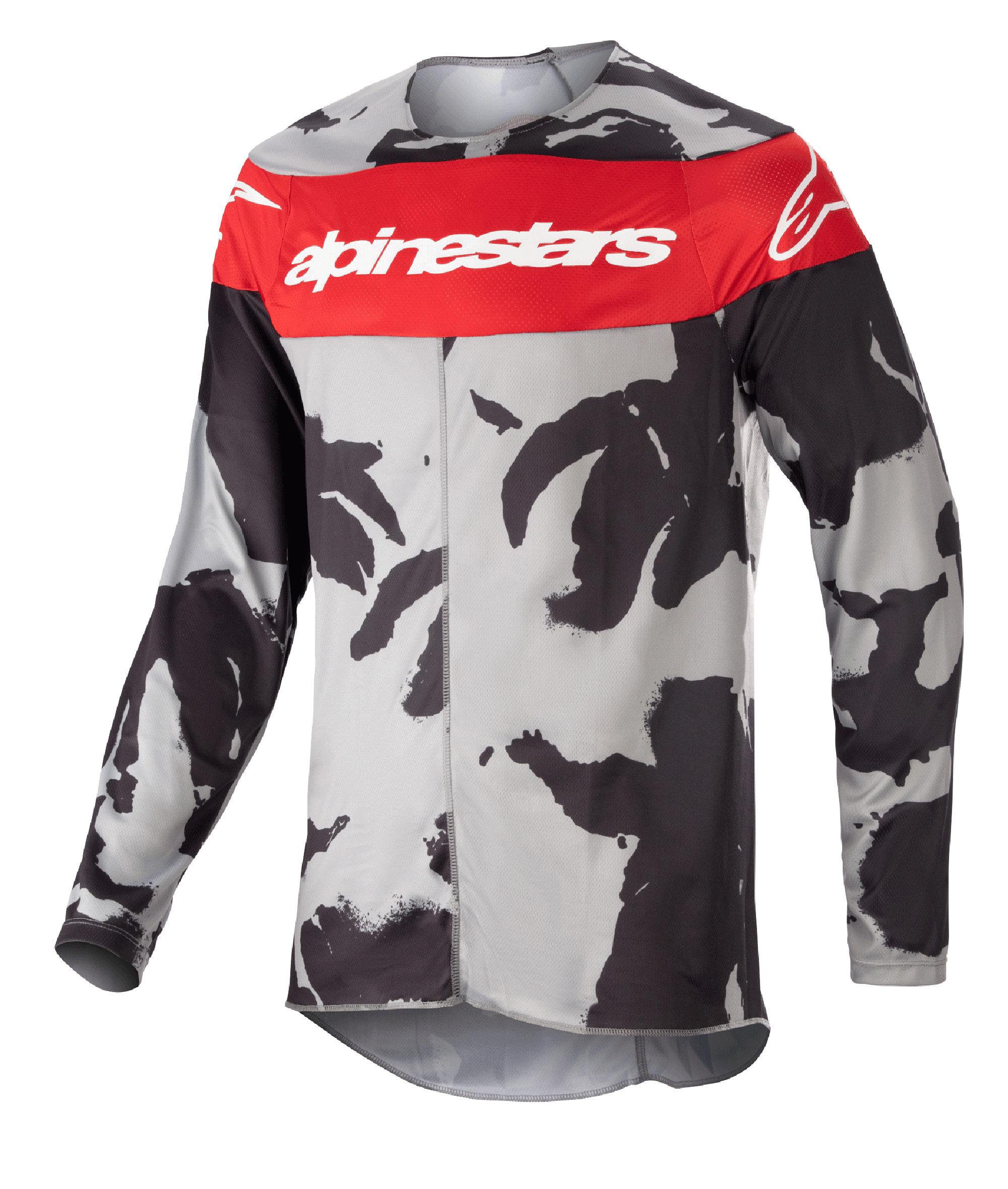 Alpinestars 2023 Racer Tactical trøje, motocross-jersey, Cast Gray Camo og Mars Red, markant rød bryststribe med hvid Alpinestars-branding, sort og gråt camouflage-mønster, langærmet teknisk beklædning til off-road racing