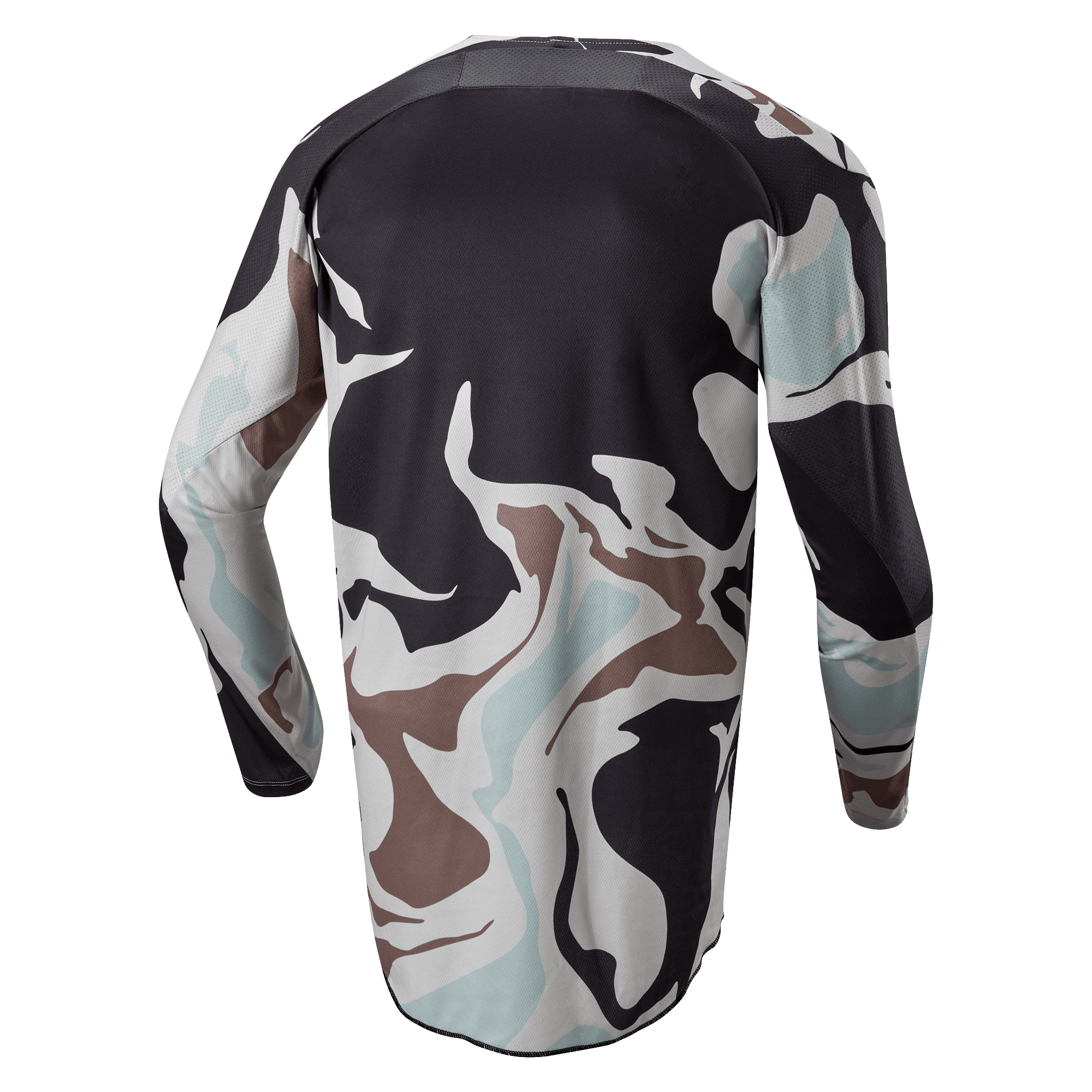 Alpinestars 2024 Racer Tactical Jersey, Iron Camo Dust Gray, langærmet motocross-trøje set bagfra, camouflage-mønster i grå, sort, lyseblå og tan, med forlænget bagkant for dækning.