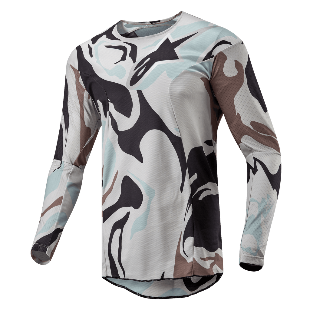 Alpinestars 2024 Racer Tactical trøje, motocross-trøje, Iron Camo Dust Gray, med et markant camouflagemønster i lysegrå, mørkegrå og lyseblå toner, letvægts poly-stofkonstruktion med åndbare meshindsatser, ergonomisk sportspasform