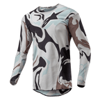 Alpinestars 2024 Racer Tactical trøje, motocross-trøje, Iron Camo Dust Gray, med et markant camouflagemønster i lysegrå, mørkegrå og lyseblå toner, letvægts poly-stofkonstruktion med åndbare meshindsatser, ergonomisk sportspasform