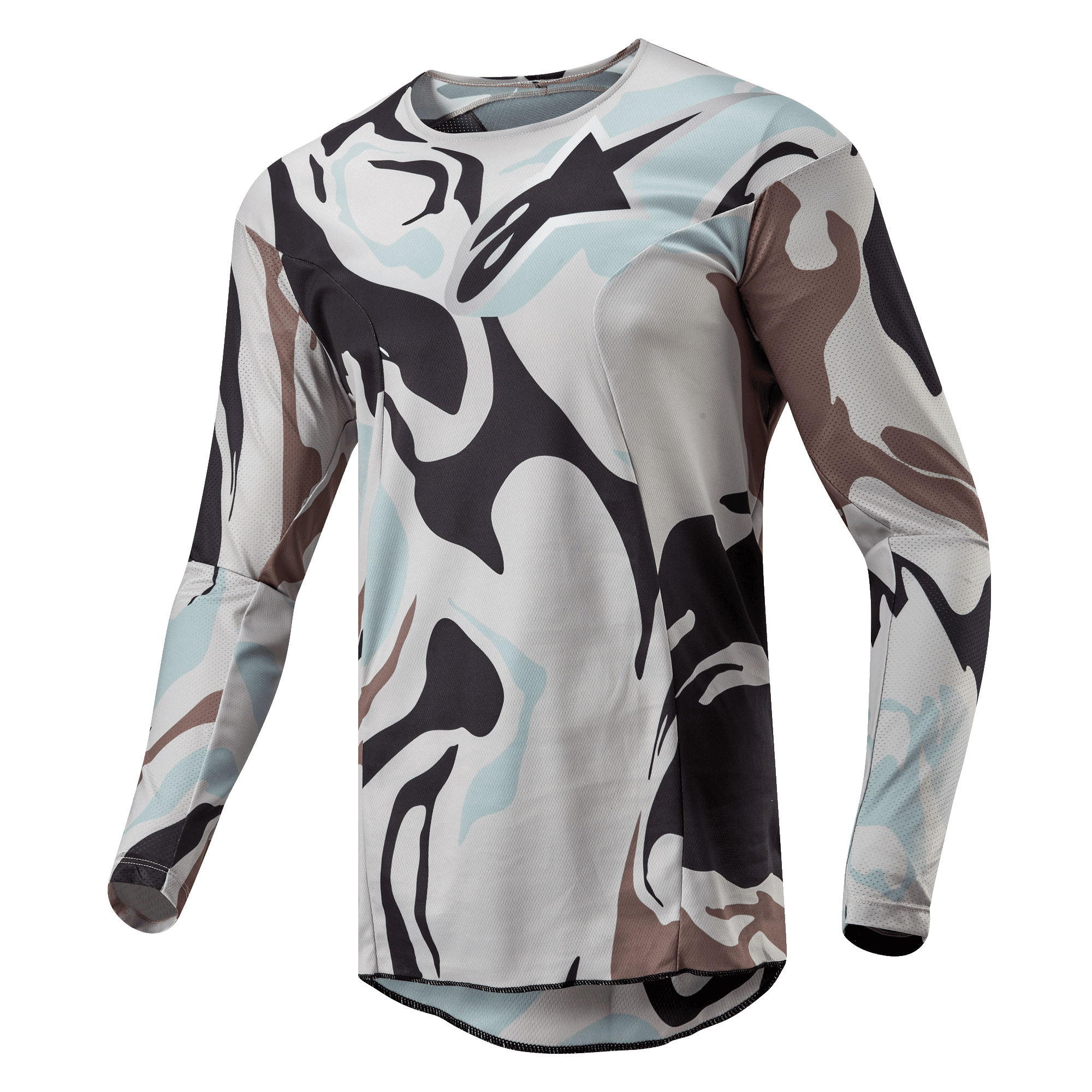 Alpinestars 2024 Racer Tactical trøje, motocross-trøje, Iron Camo Dust Gray, med et markant camouflagemønster i lysegrå, mørkegrå og lyseblå toner, letvægts poly-stofkonstruktion med åndbare meshindsatser, ergonomisk sportspasform