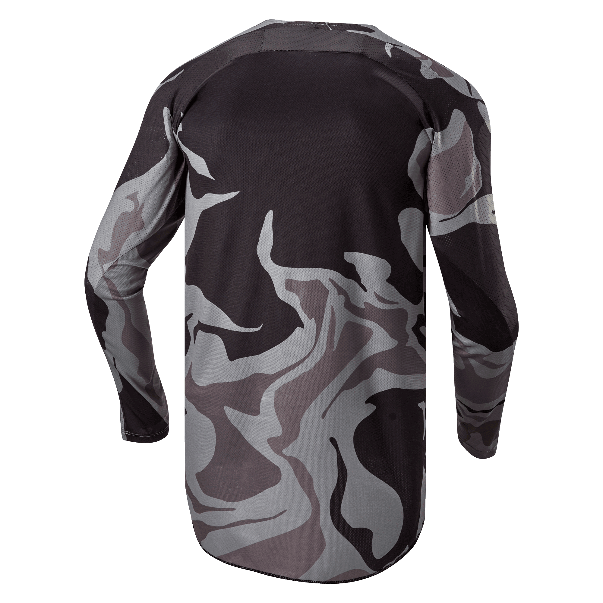 Alpinestars 2024 Racer Tactical trøje, motocross trøje, Cast Gray Camo Magnet, set bagfra med gråt og sort camouflage-mønster, åndbart materiale og et forlænget bagstykke for øget dækning